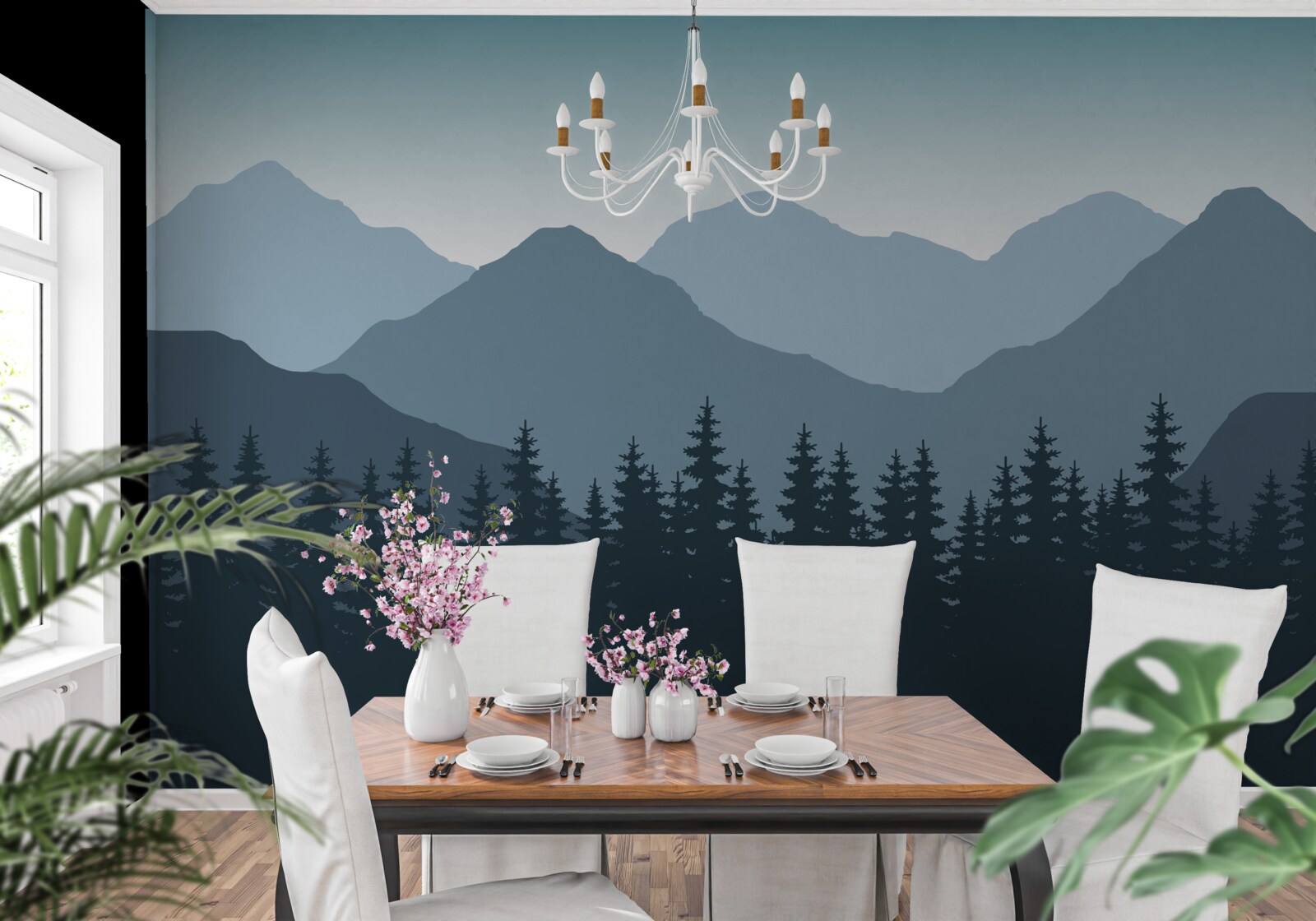 Fototapet munți cețoși și păduri de conifere