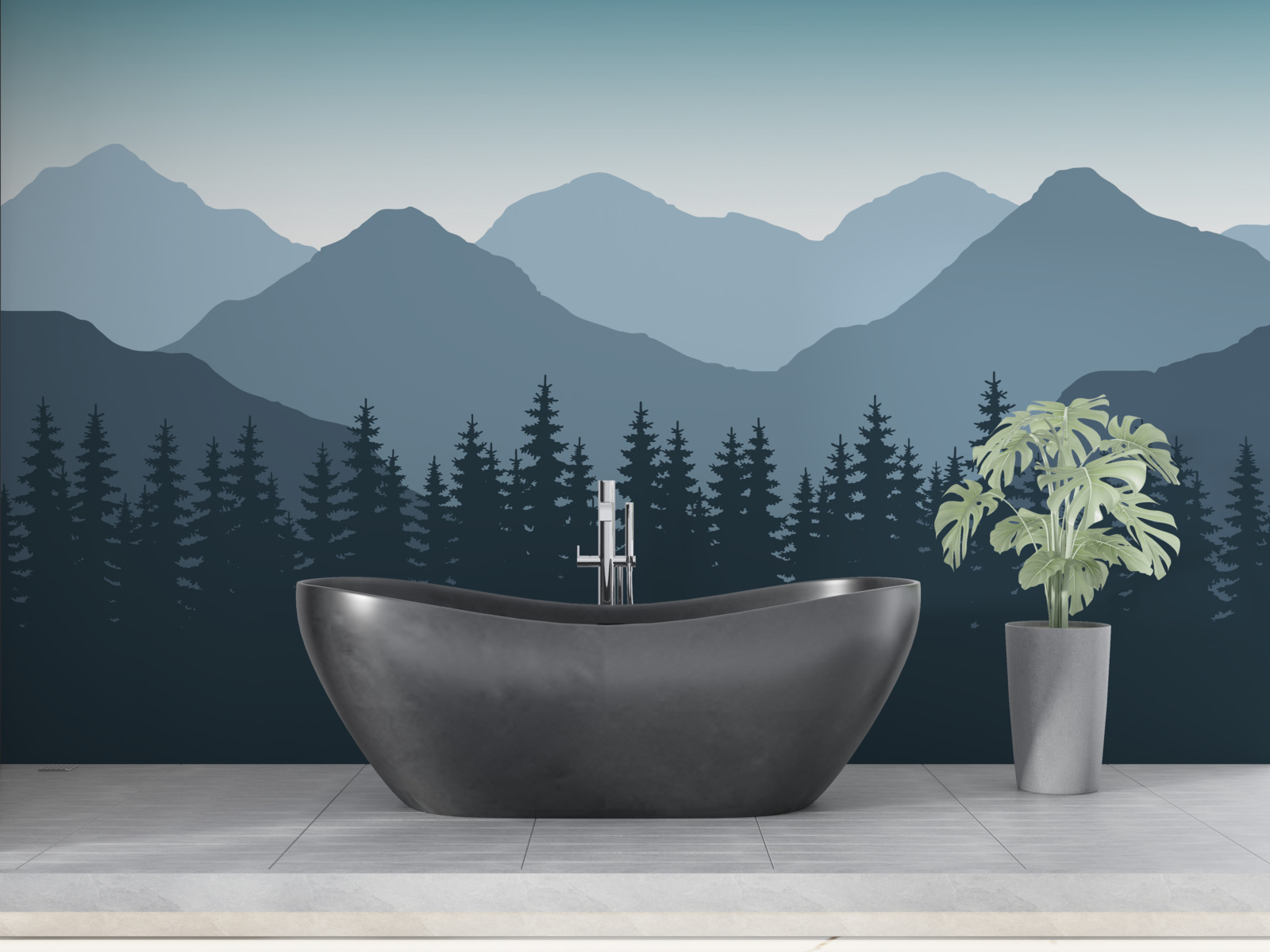 Fototapet munți cețoși și păduri de conifere