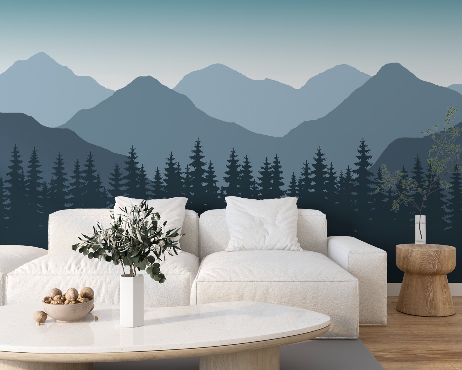 Fototapet munți cețoși și păduri de conifere