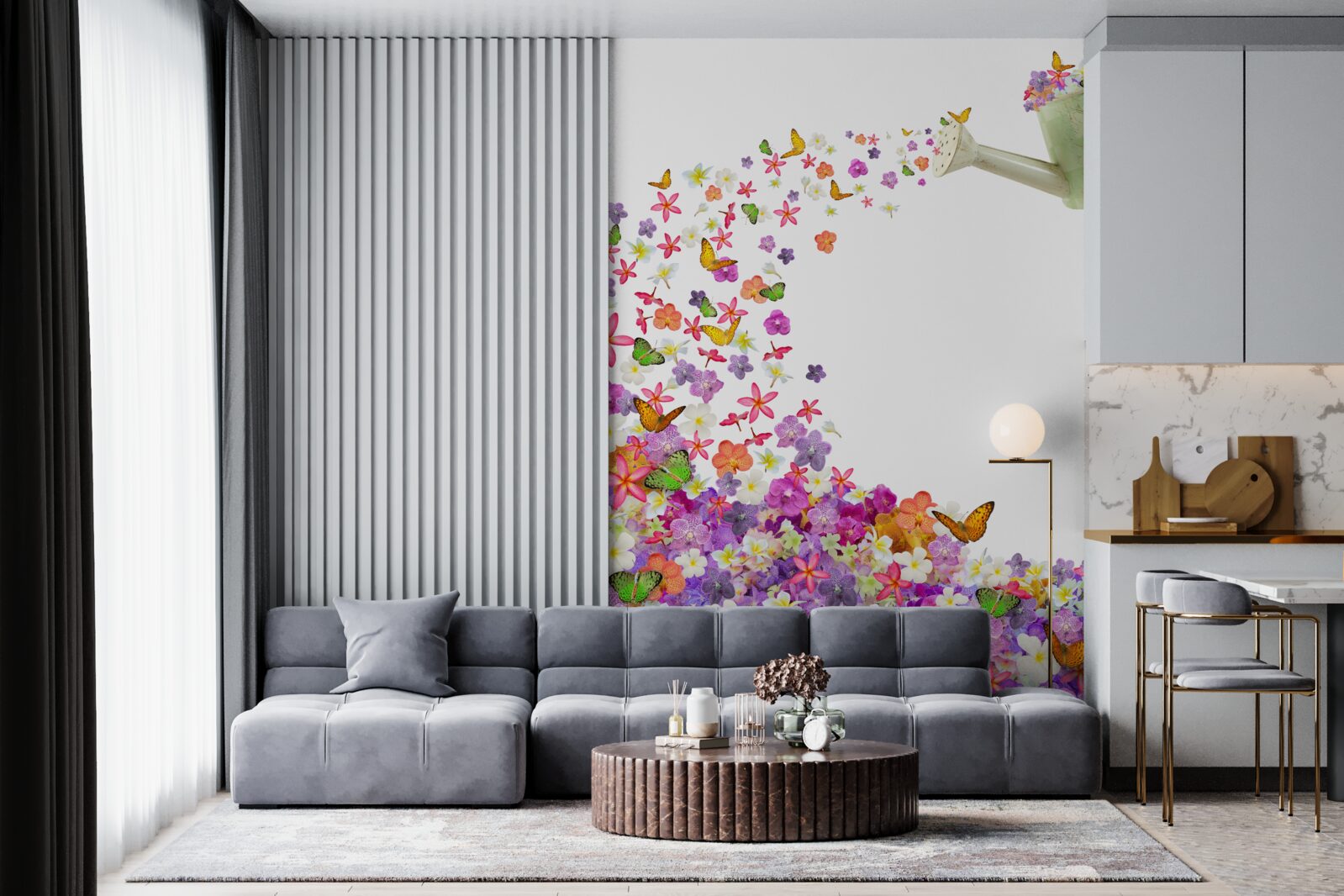 Fototapet vas de udare cu flori de vară și fluturi