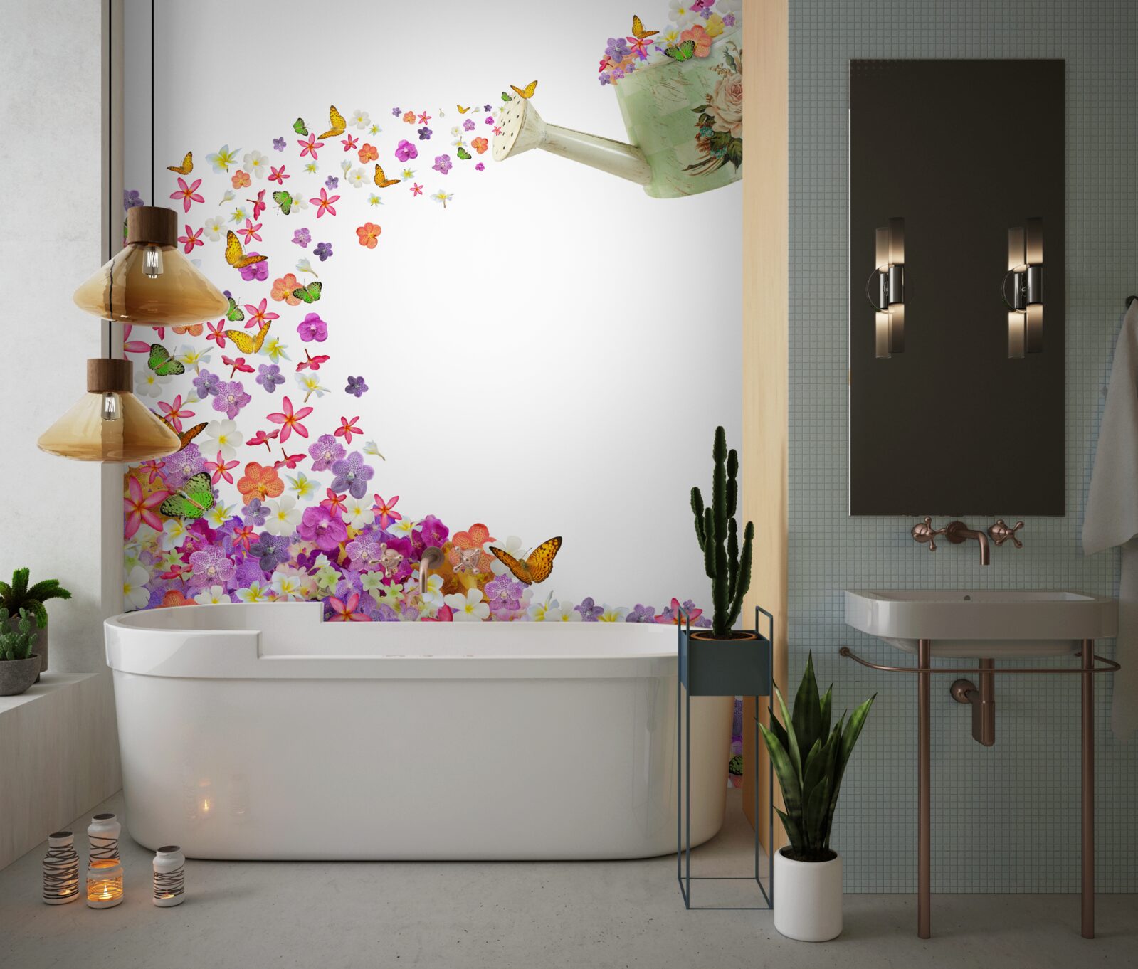 Fototapet vas de udare cu flori de vară și fluturi