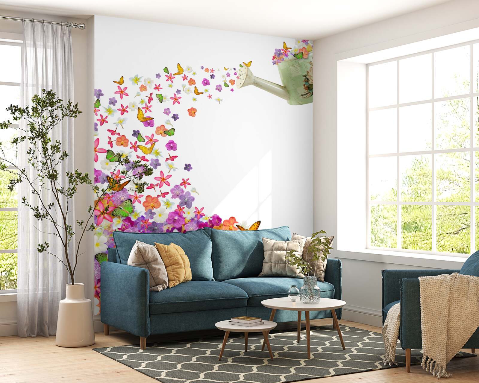 Fototapet vas de udare cu flori de vară și fluturi