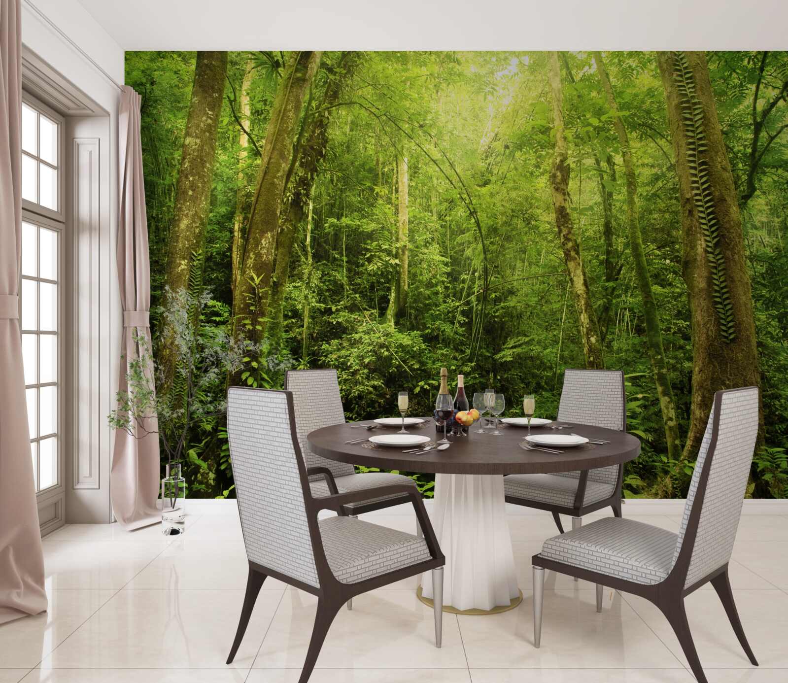 Fototapet razele soarelui pătrund prin pădurea verde densă