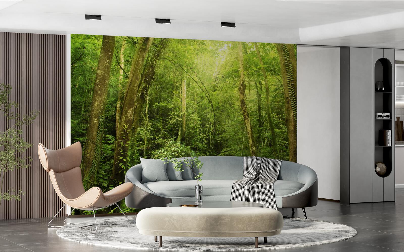 Fototapet razele soarelui pătrund prin pădurea verde densă