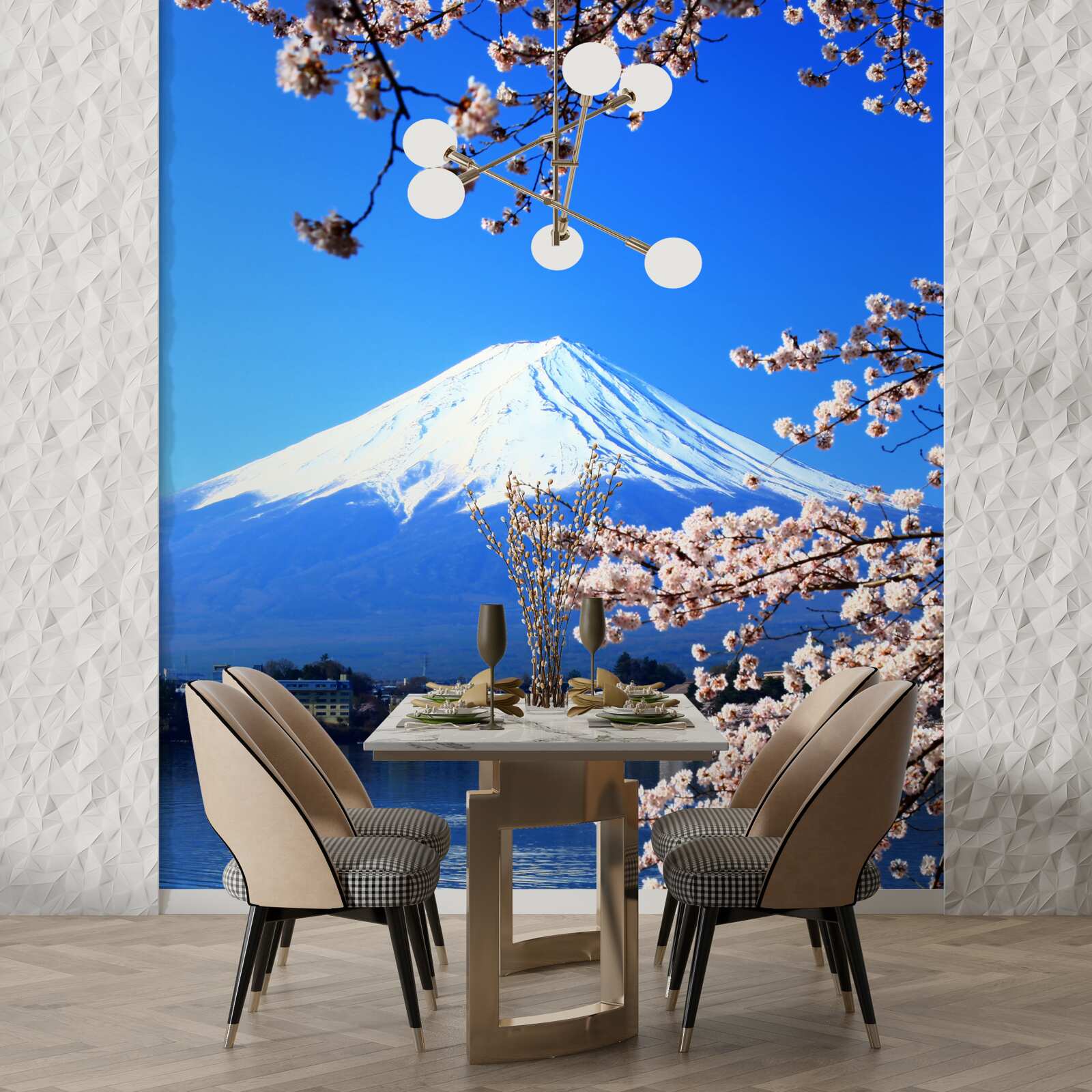 Fototapet flori de cireș pe un fundal cu un lac și un vârf de munte