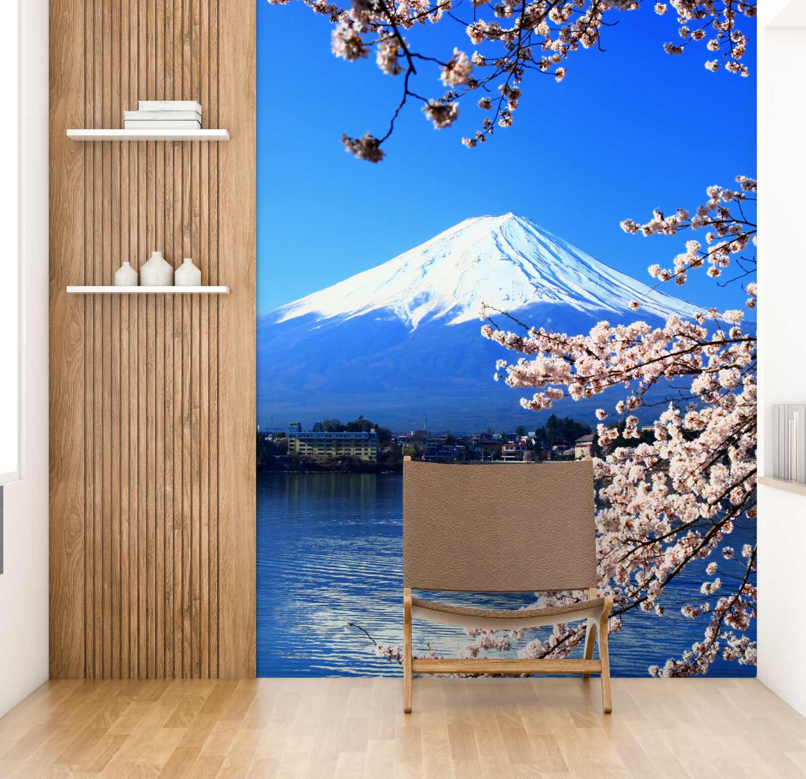 Fototapet flori de cireș pe un fundal cu un lac și un vârf de munte