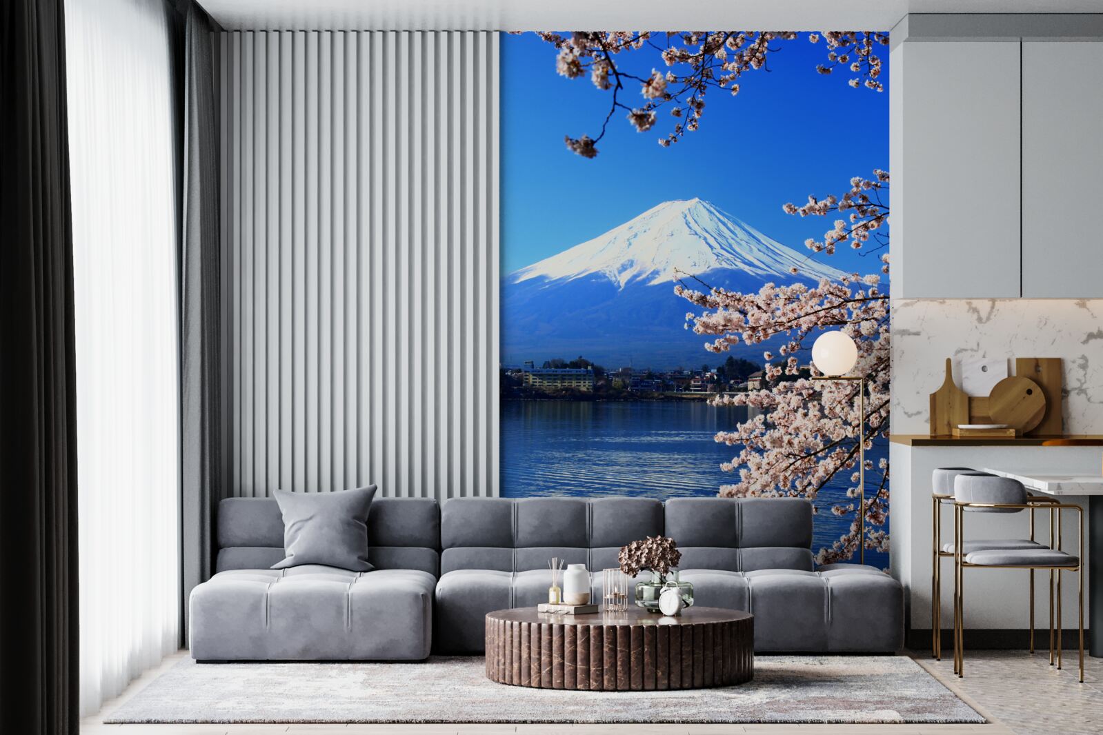 Fototapet flori de cireș pe un fundal cu un lac și un vârf de munte