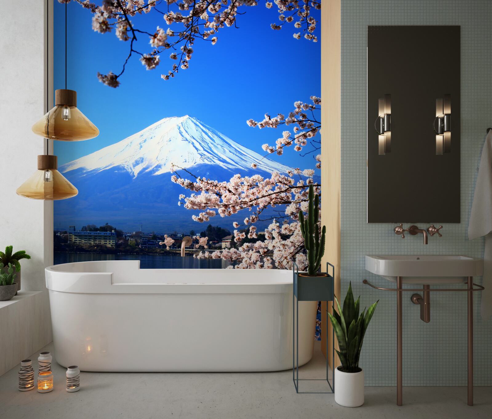 Fototapet flori de cireș pe un fundal cu un lac și un vârf de munte