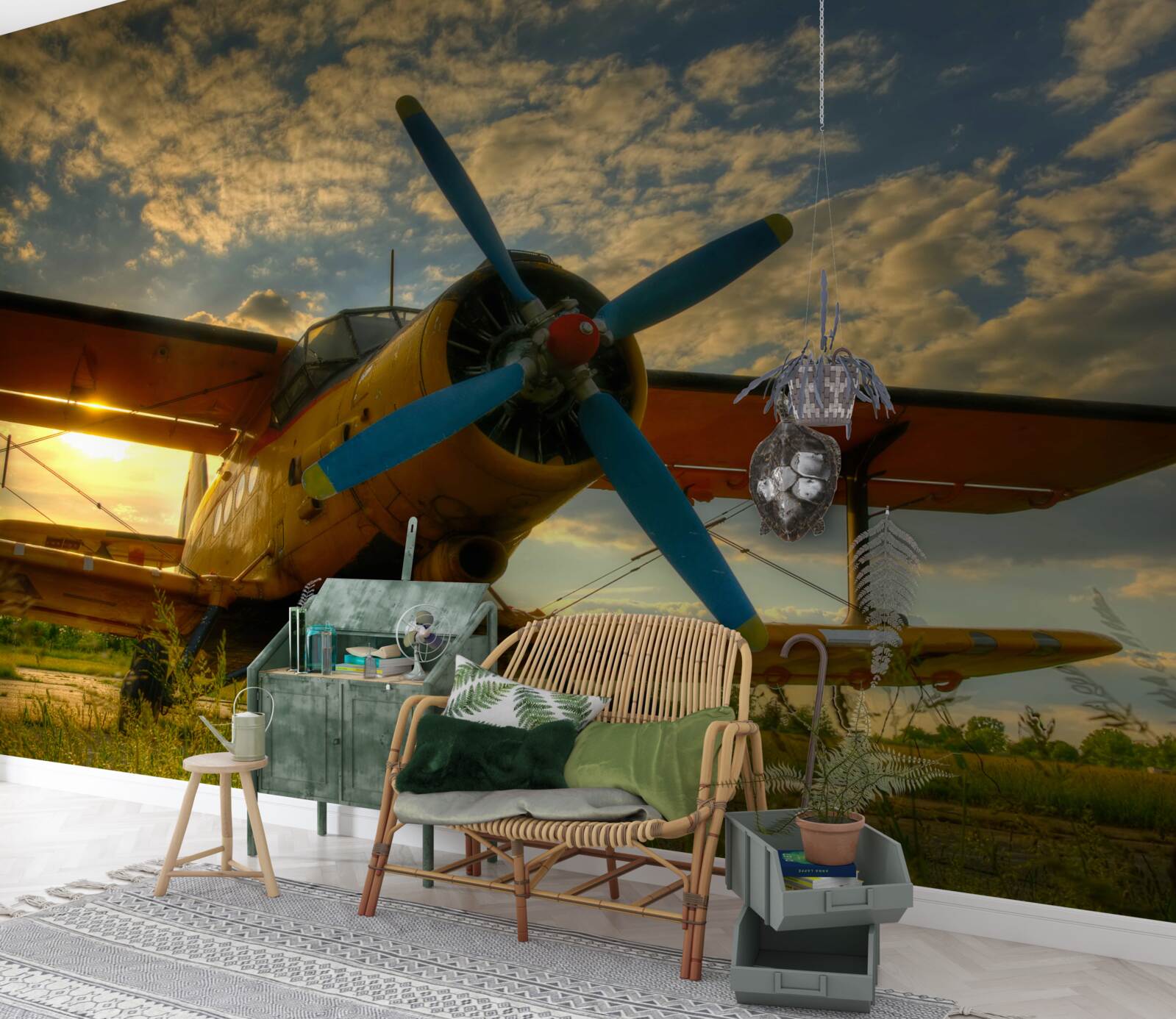 Fototapet pe câmp există un avion de epocă cu elice