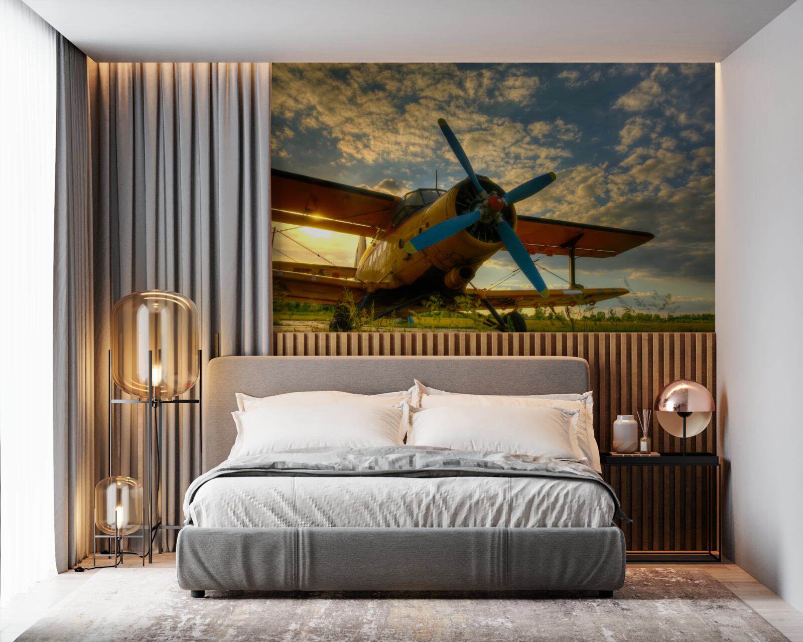 Fototapet pe câmp există un avion de epocă cu elice