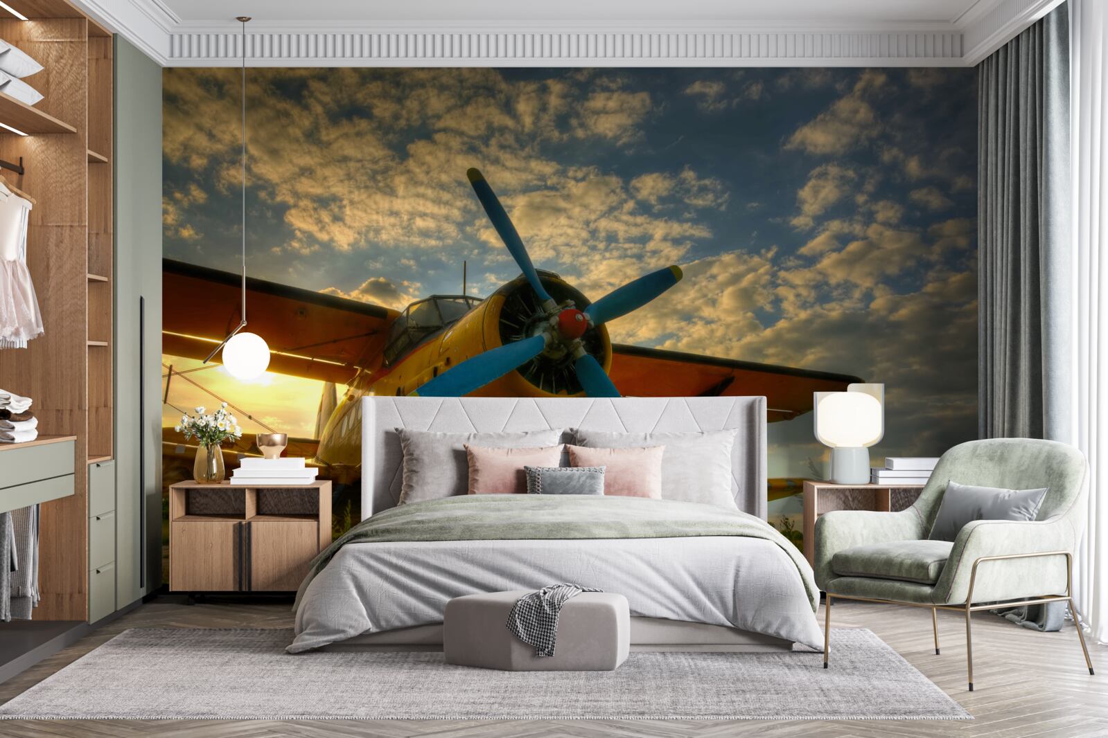 Fototapet pe câmp există un avion de epocă cu elice