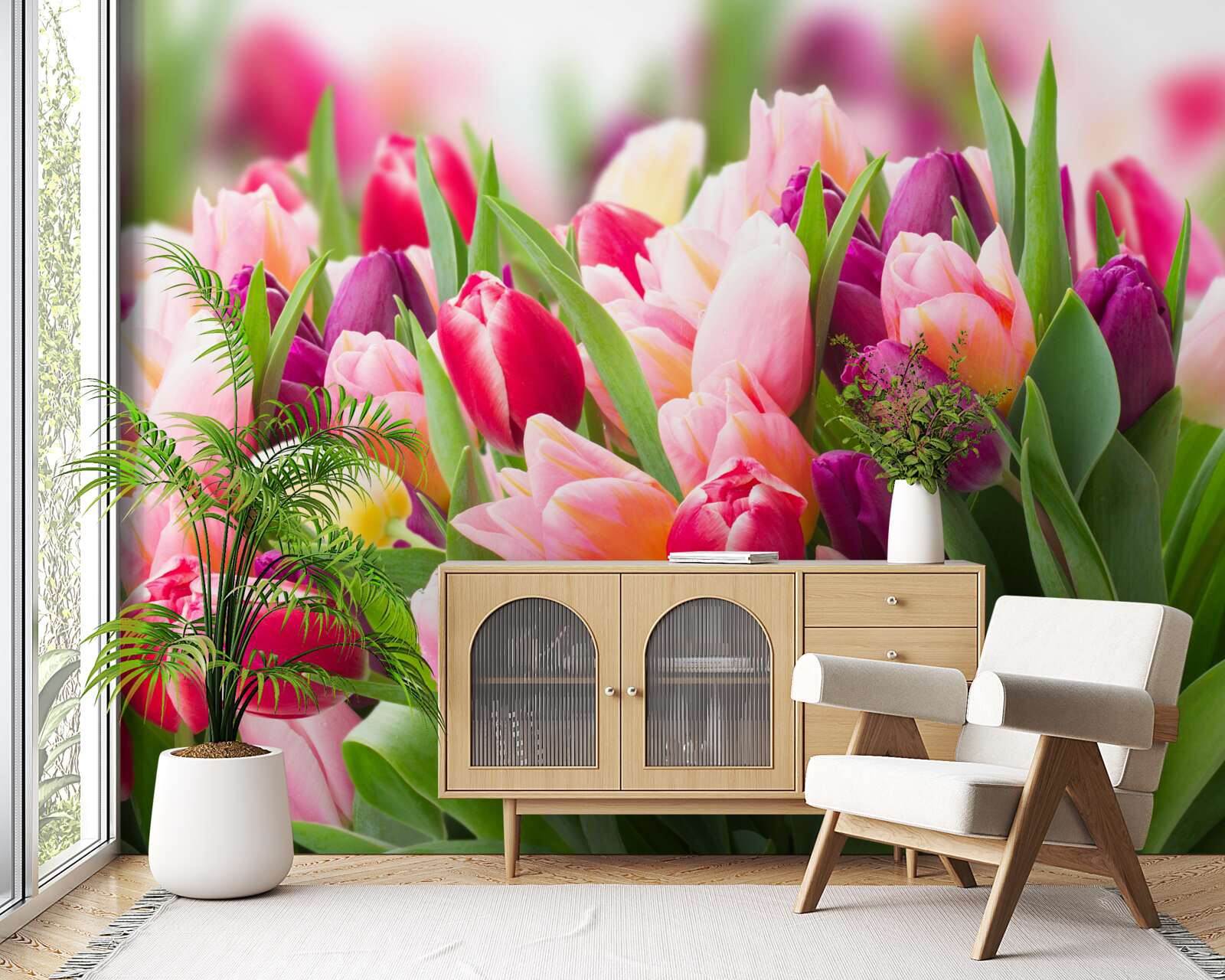 Fototapet lalele luminoase de primăvară cu frunze verzi