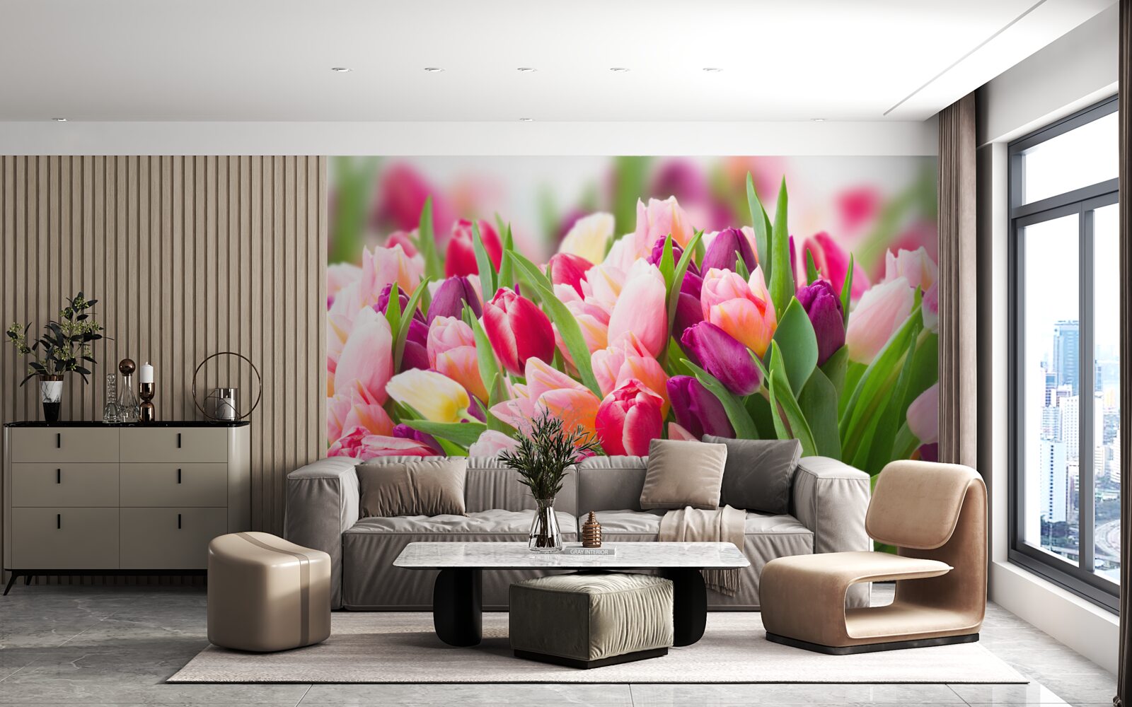 Fototapet lalele luminoase de primăvară cu frunze verzi