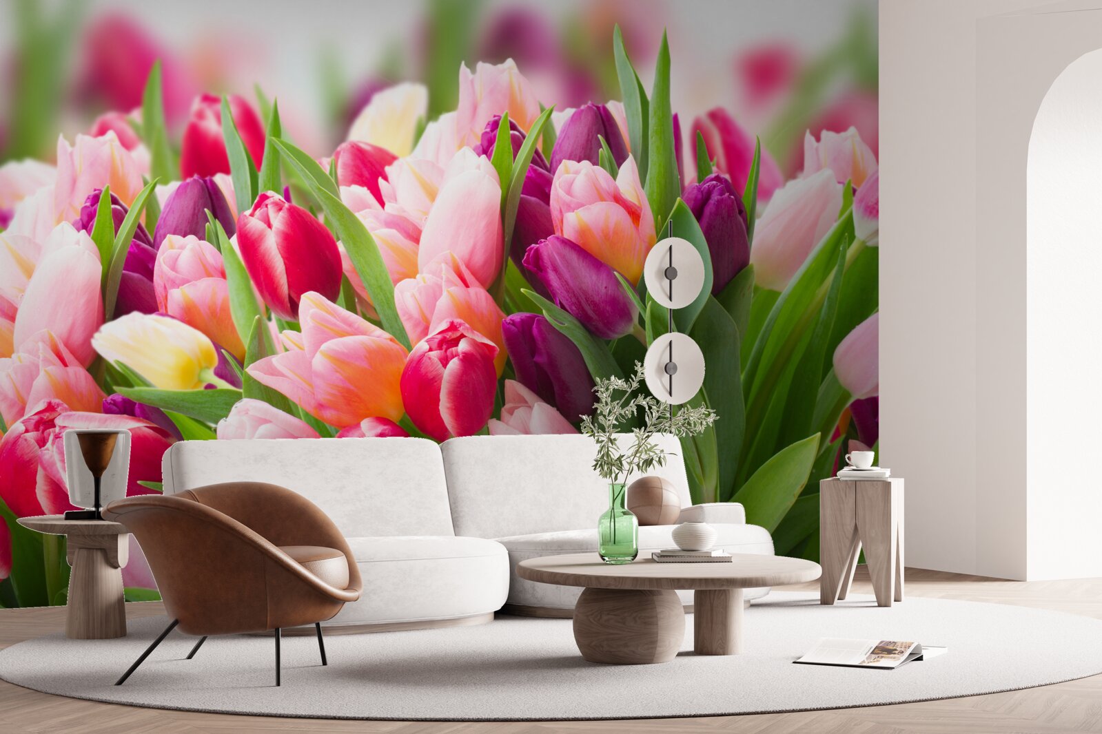 Fototapet lalele luminoase de primăvară cu frunze verzi