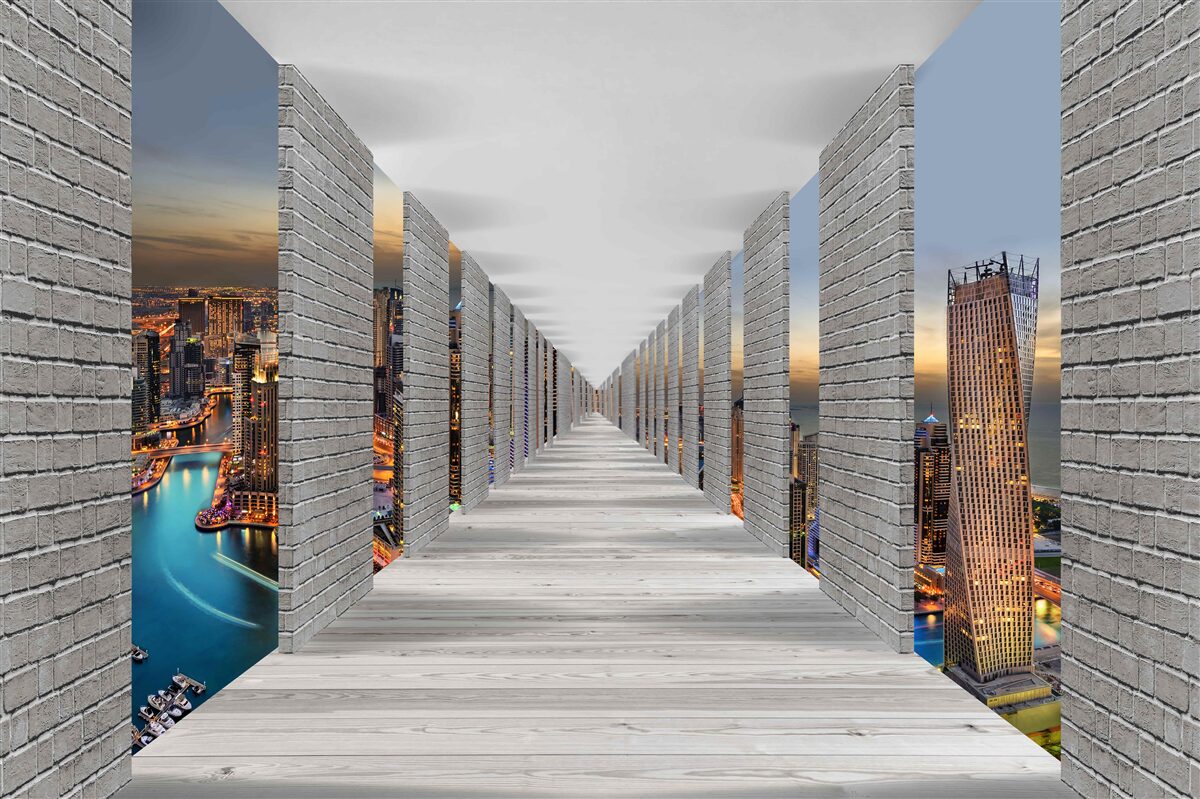 Fototapet coridor fără sfârșit cu ferestre de observație