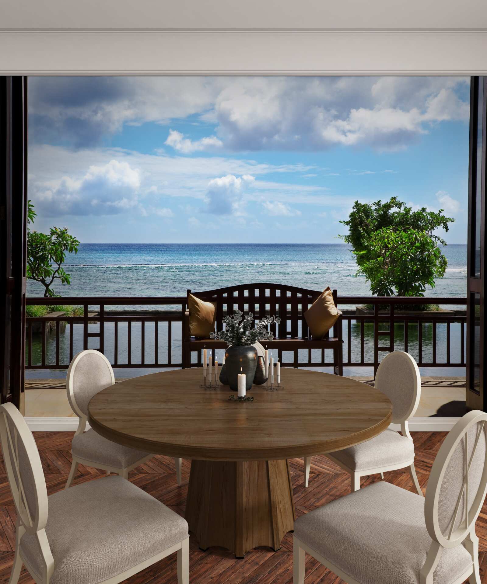 Fototapet bancă confortabilă pe malul oceanului