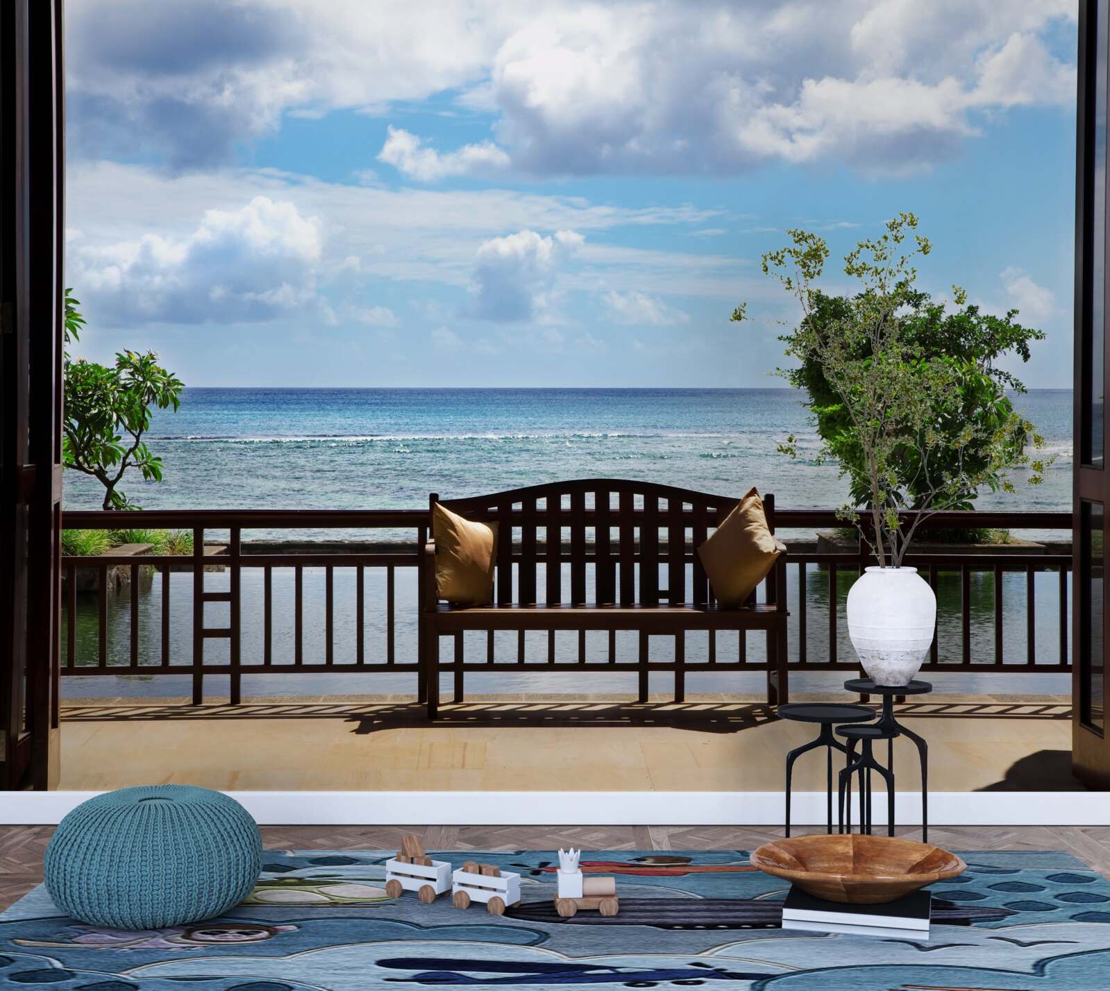 Fototapet bancă confortabilă pe malul oceanului