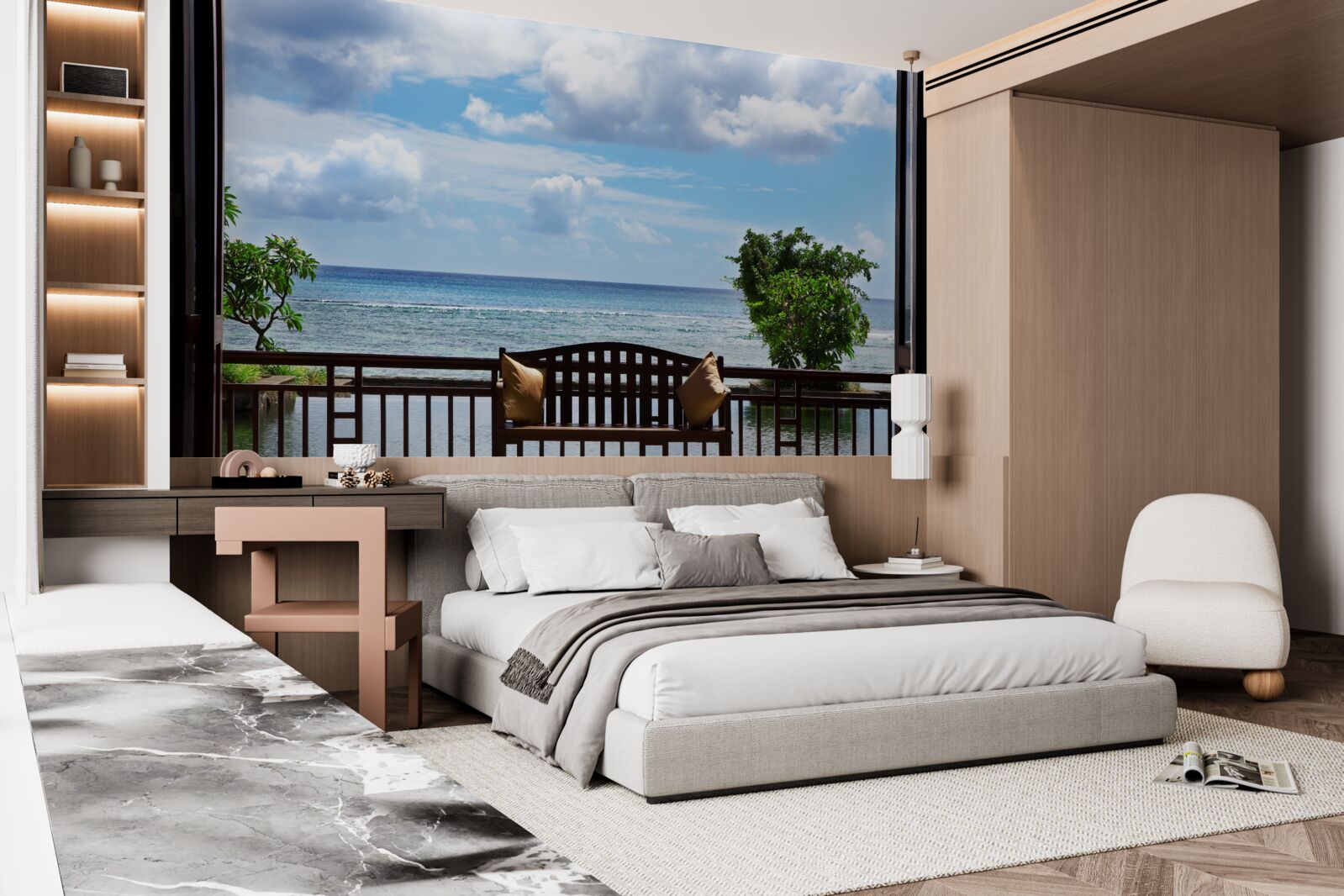 Fototapet bancă confortabilă pe malul oceanului