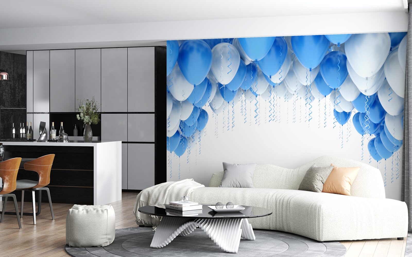 Fototapet bile albe și albastre plutesc în aer