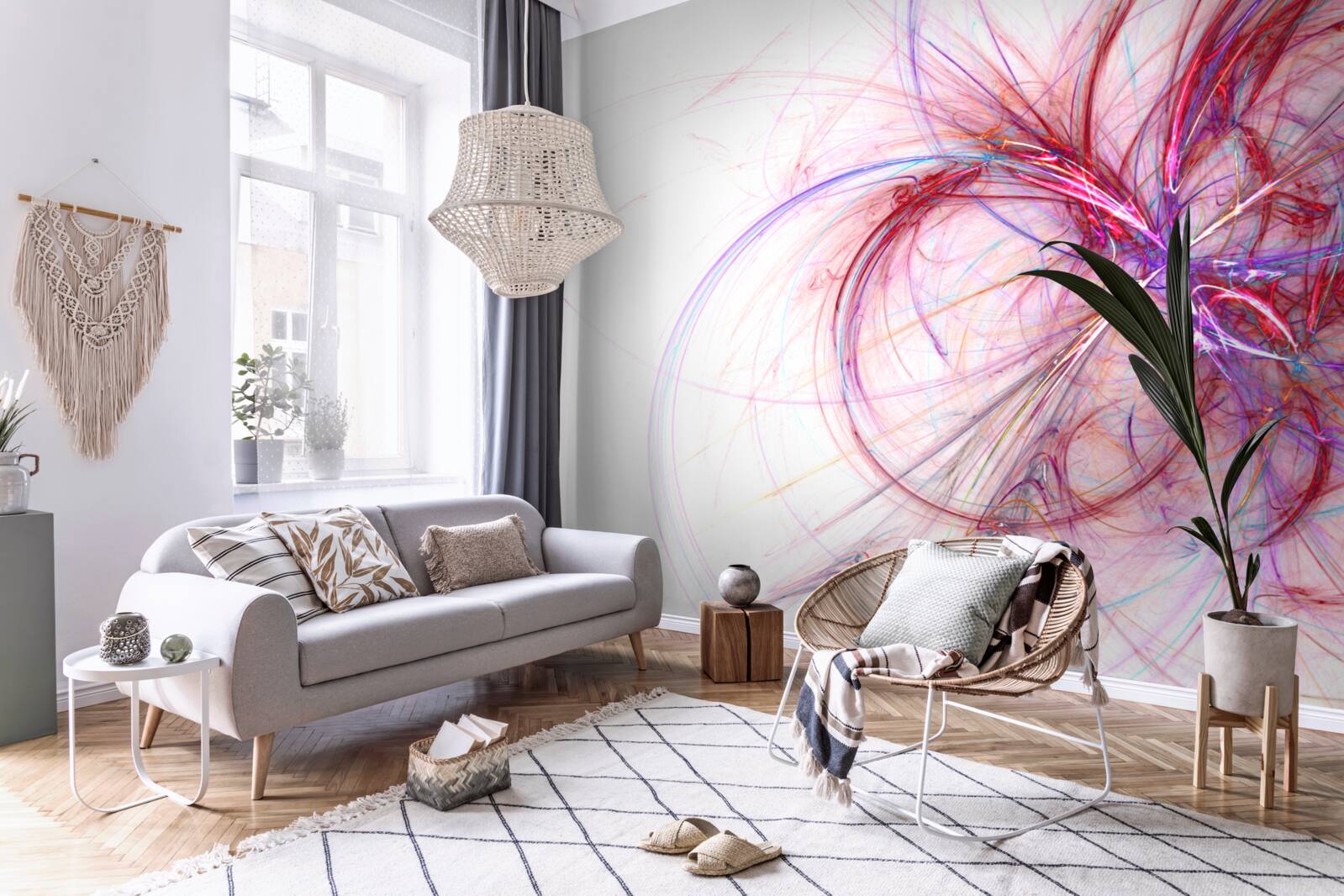 Fototapet linii de roșu și albastru pe fond alb, subțiri și grațioase