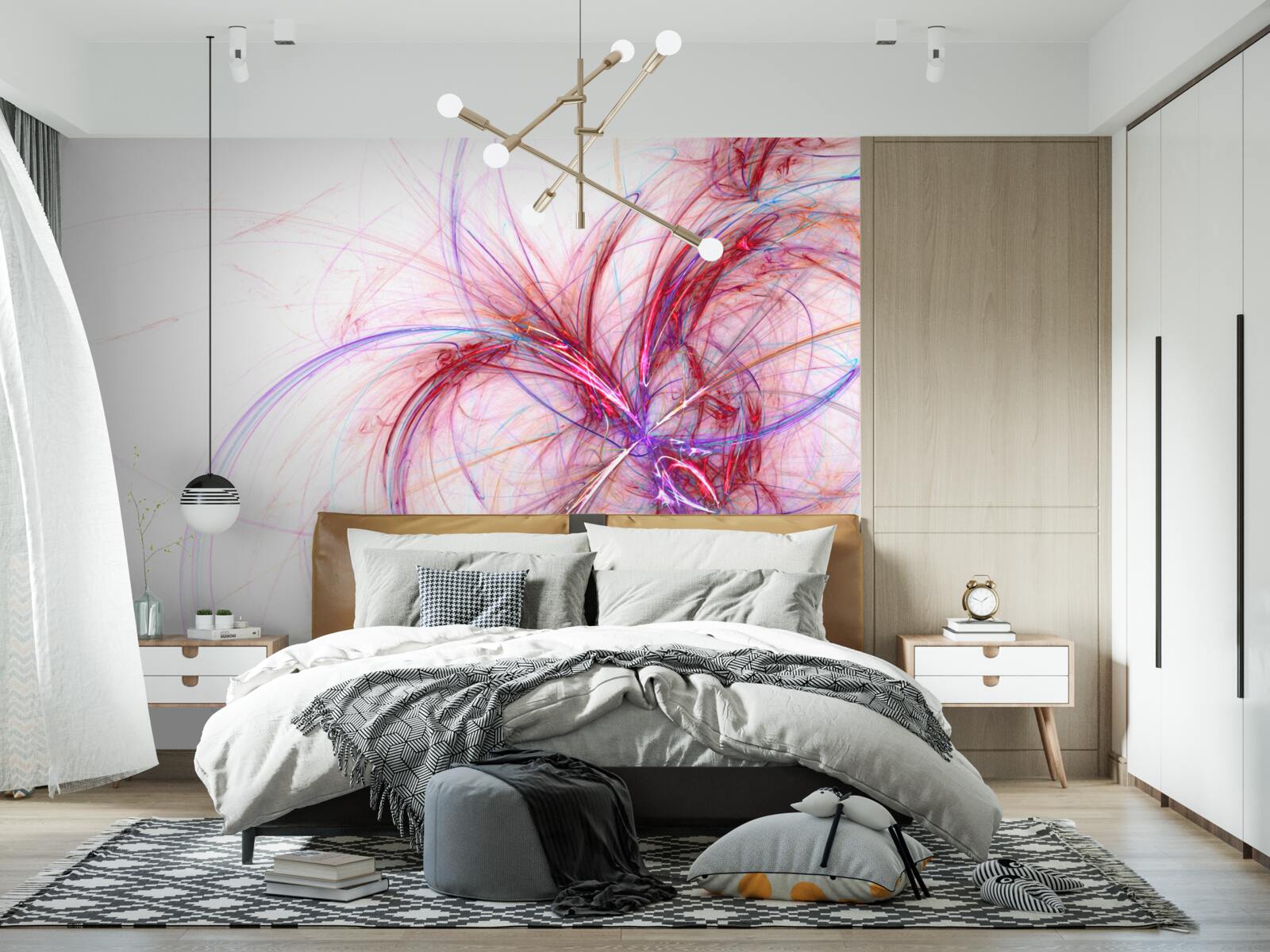 Fototapet linii de roșu și albastru pe fond alb, subțiri și grațioase