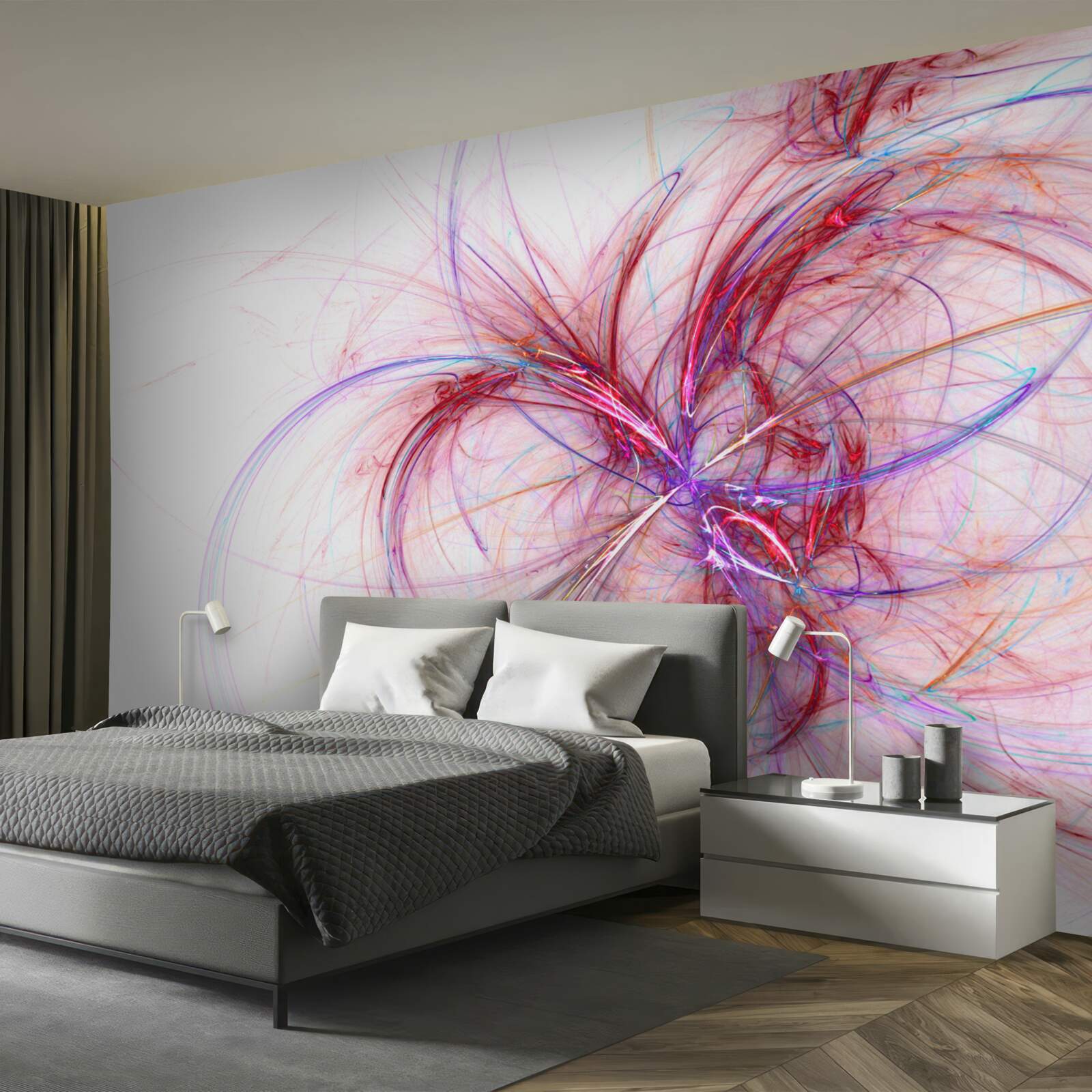 Fototapet linii de roșu și albastru pe fond alb, subțiri și grațioase