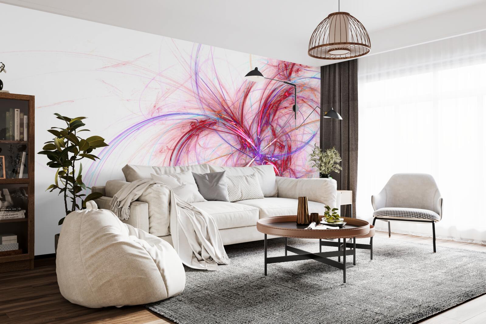 Fototapet linii de roșu și albastru pe fond alb, subțiri și grațioase