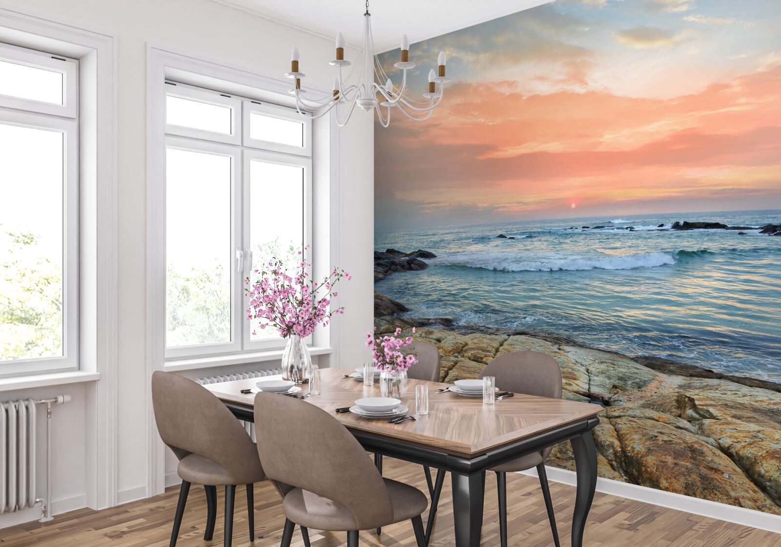 Fototapet oceanul se întinde până la orizont și un apus de soare roz