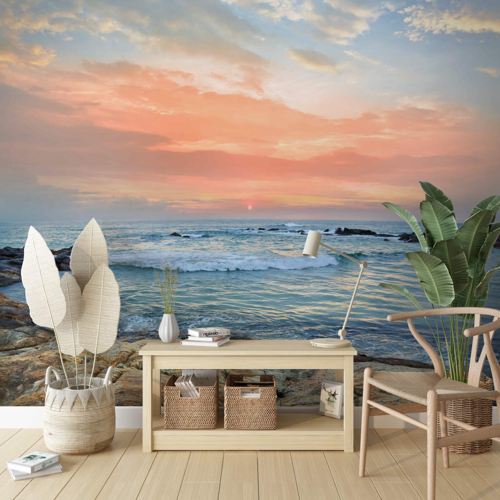 Fototapet oceanul se întinde până la orizont și un apus de soare roz