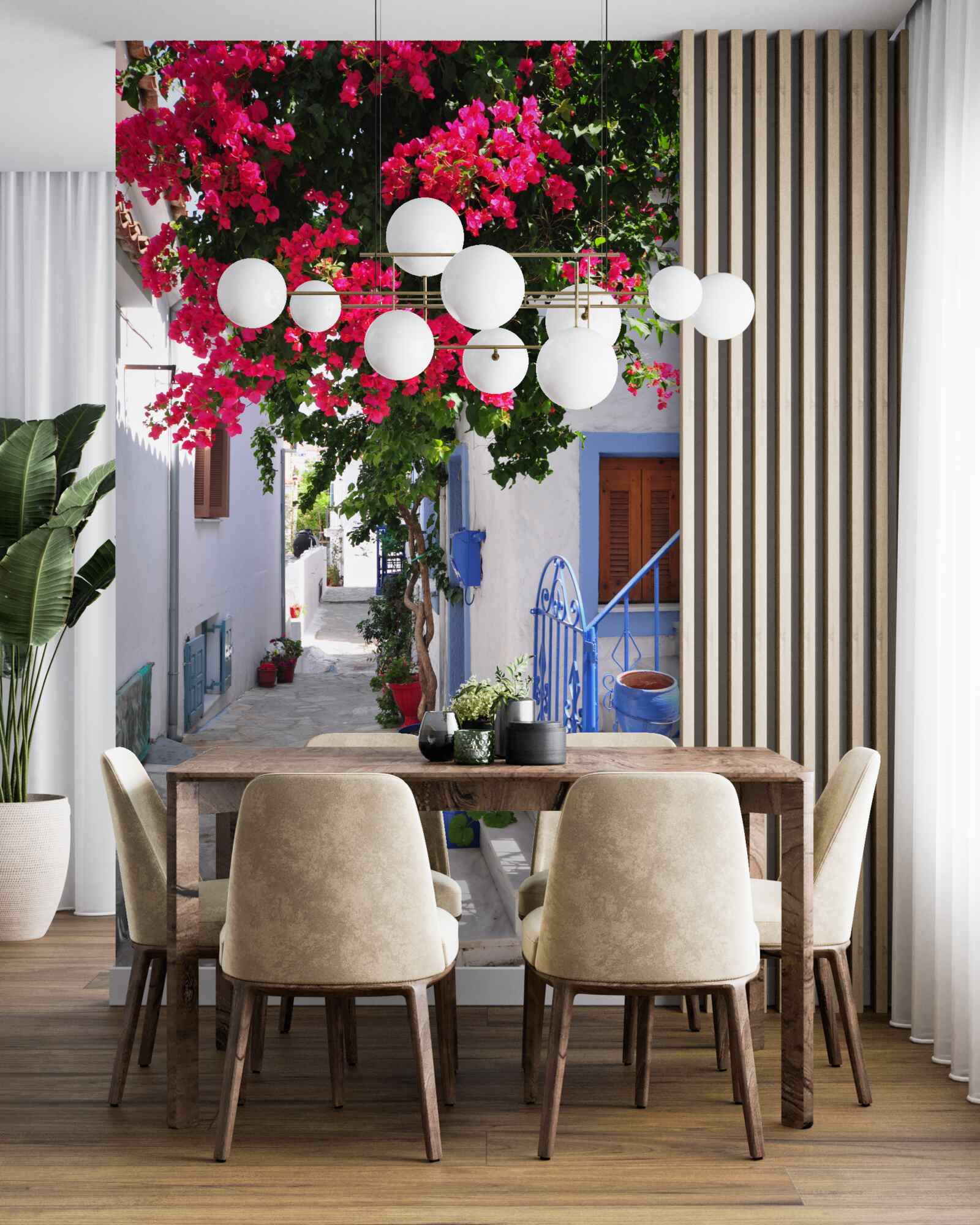 Fototapet în Grecia florile roșii cresc lângă casele albe