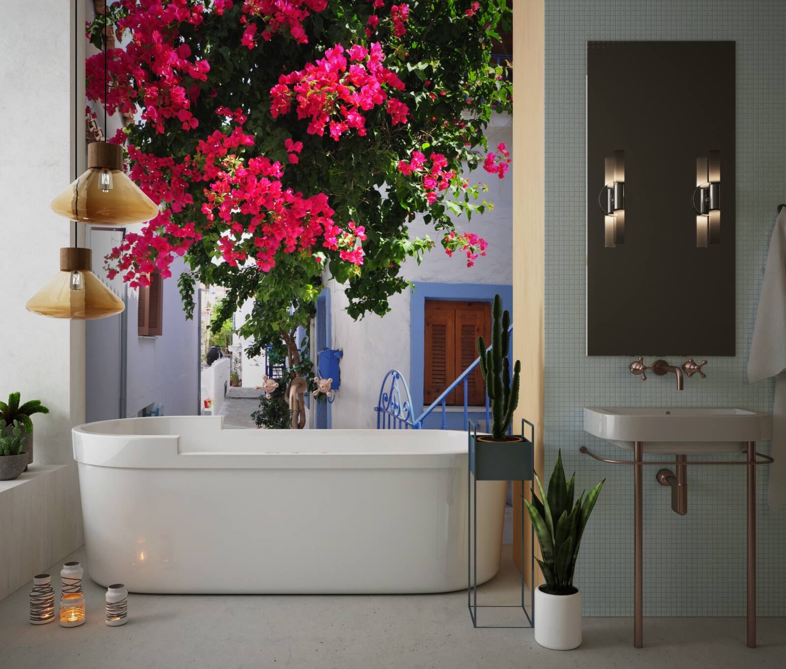 Fototapet în Grecia florile roșii cresc lângă casele albe