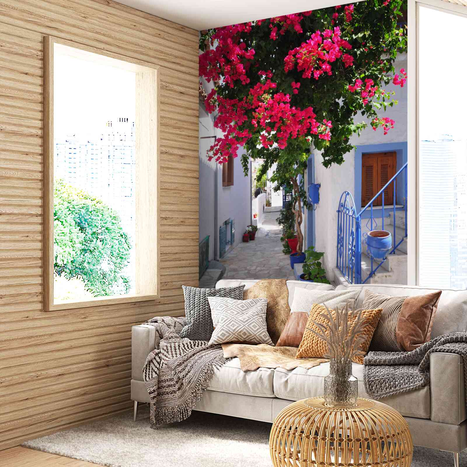 Fototapet în Grecia florile roșii cresc lângă casele albe