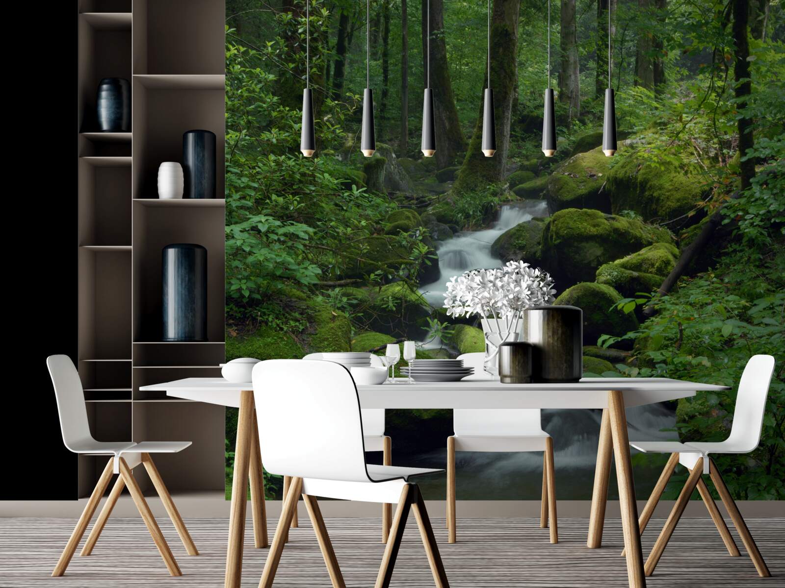 Fototapet un mic pârâu în verdele dens al pădurii