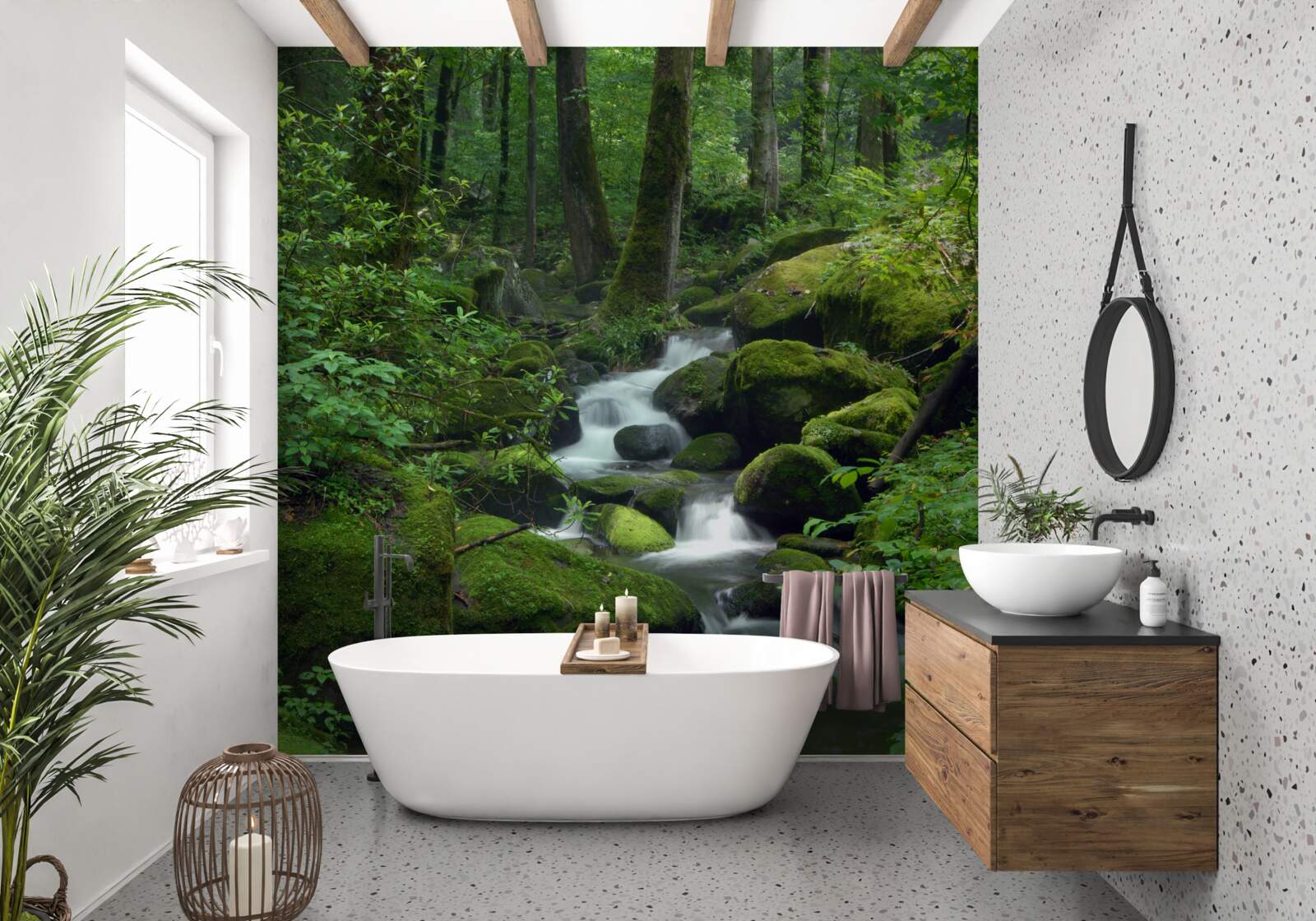 Fototapet un mic pârâu în verdele dens al pădurii