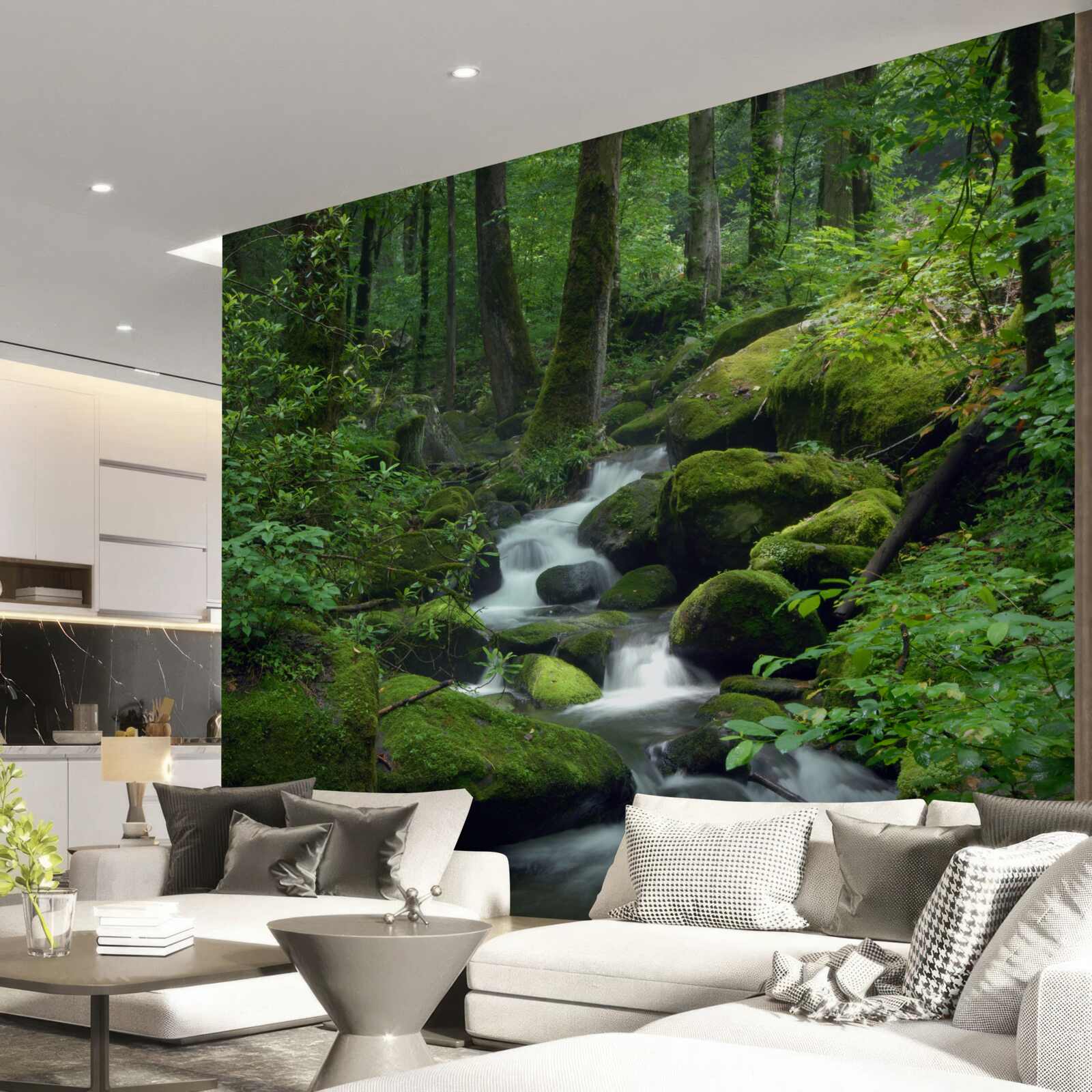 Fototapet un mic pârâu în verdele dens al pădurii