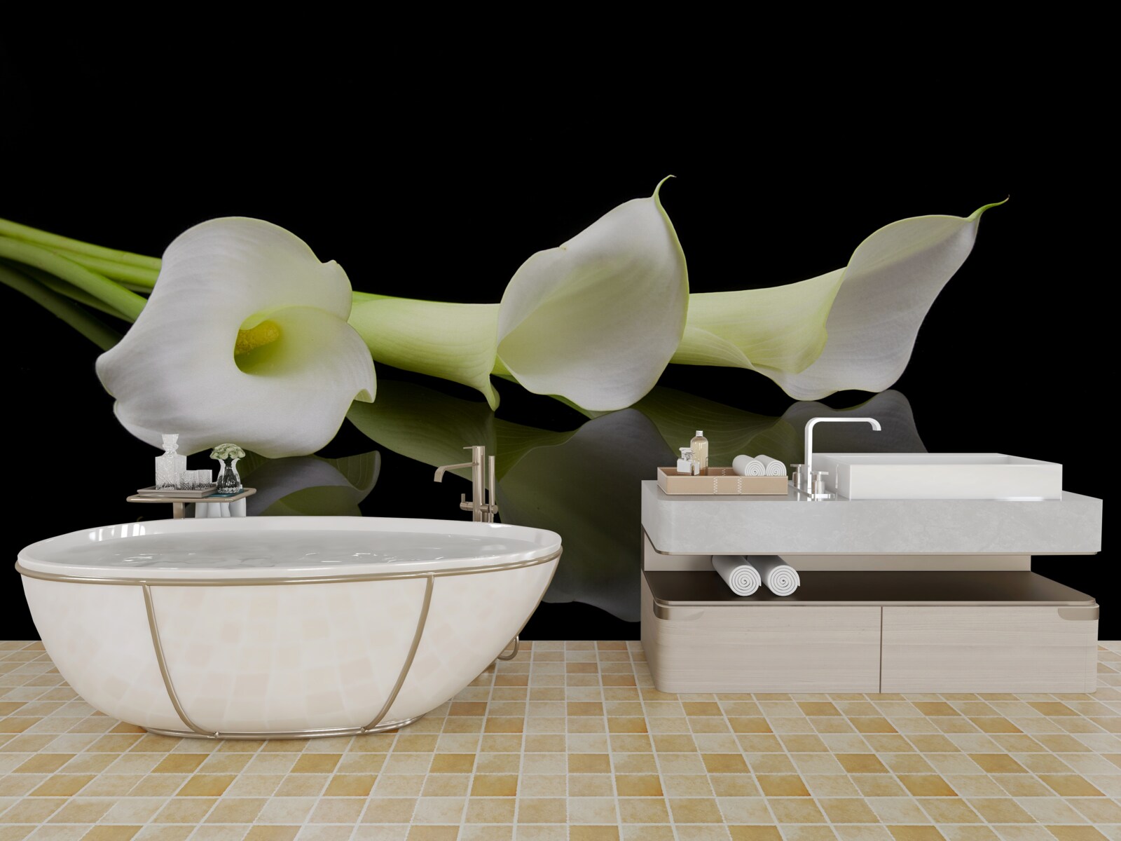 Fototapet crini calla reflectați în apă