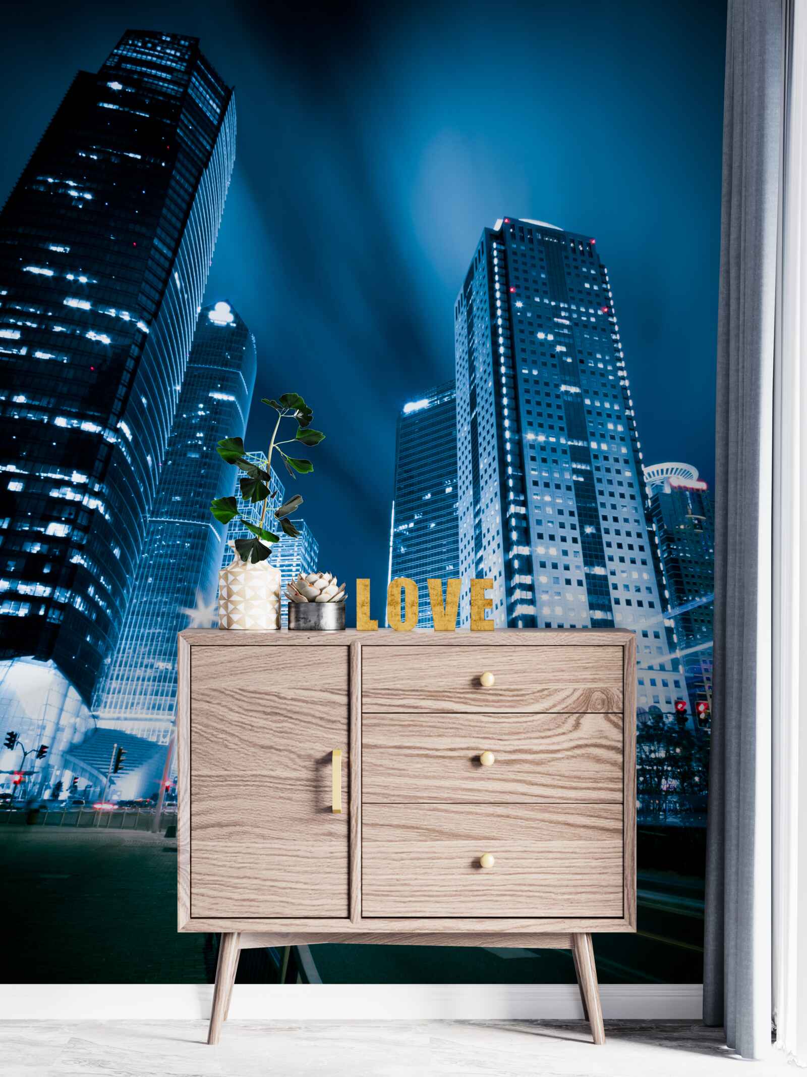 Fototapet zgârie-norii orașului sunt luminați cu lumini colorate