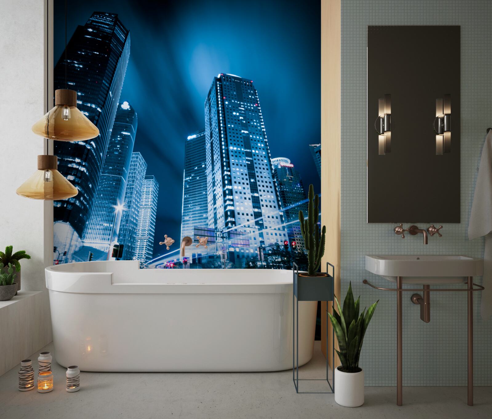 Fototapet zgârie-norii orașului sunt luminați cu lumini colorate