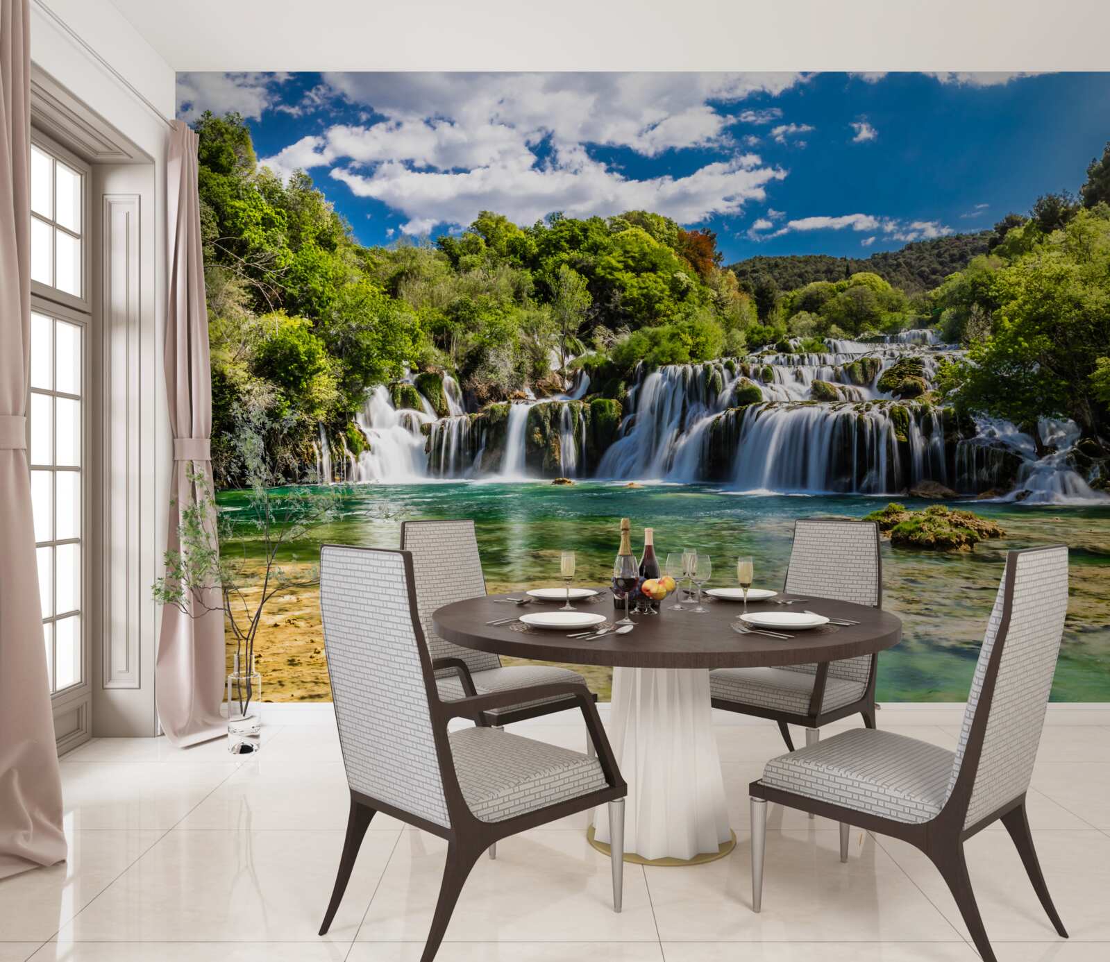 Fototapet cascadă în mai multe cascade cu zone verzi