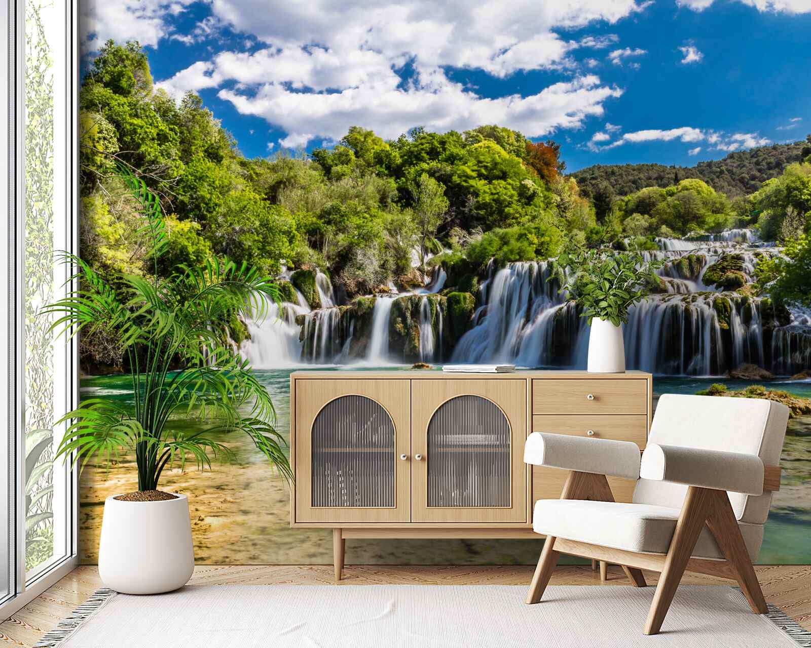 Fototapet cascadă în mai multe cascade cu zone verzi