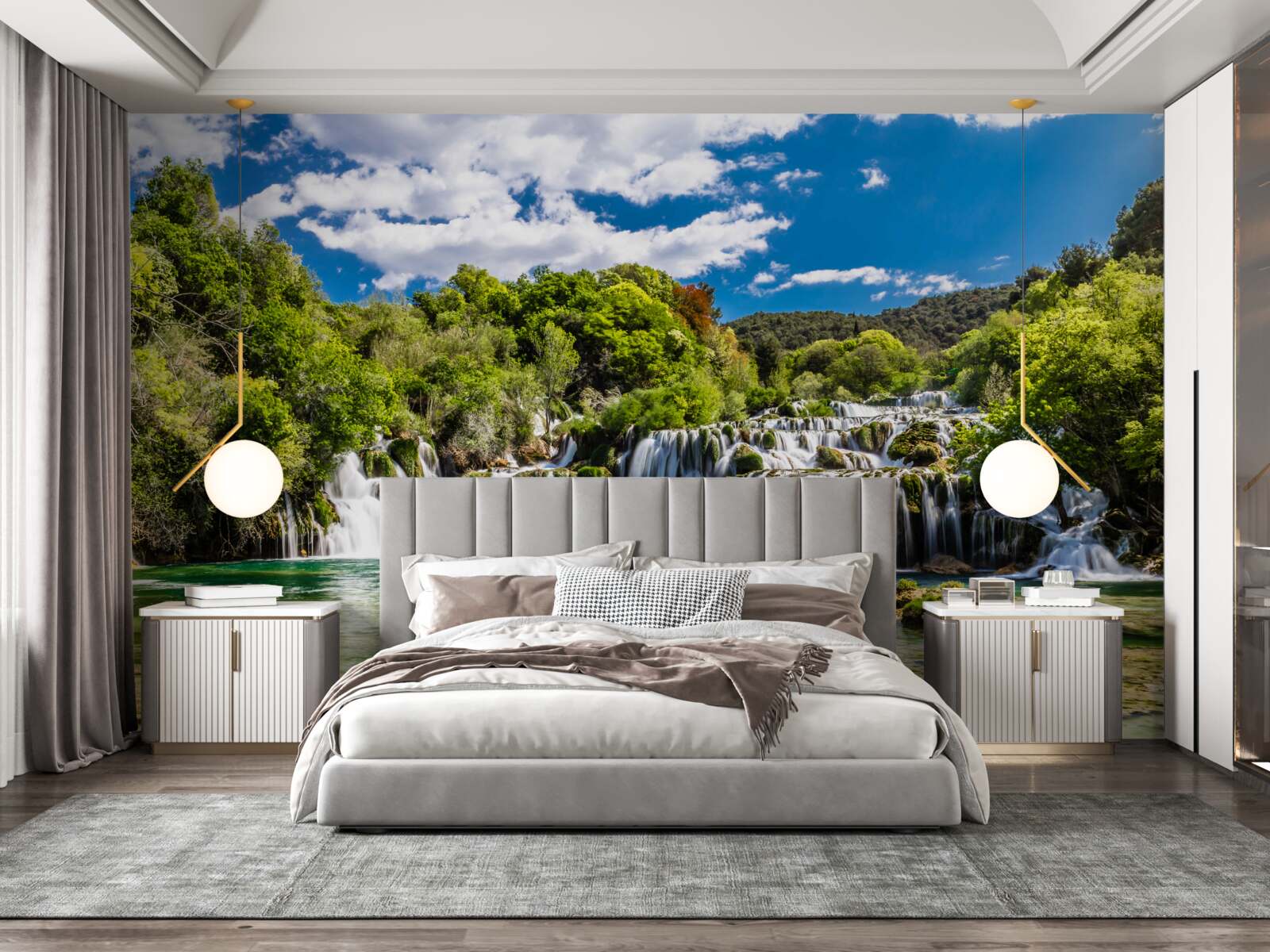 Fototapet cascadă în mai multe cascade cu zone verzi