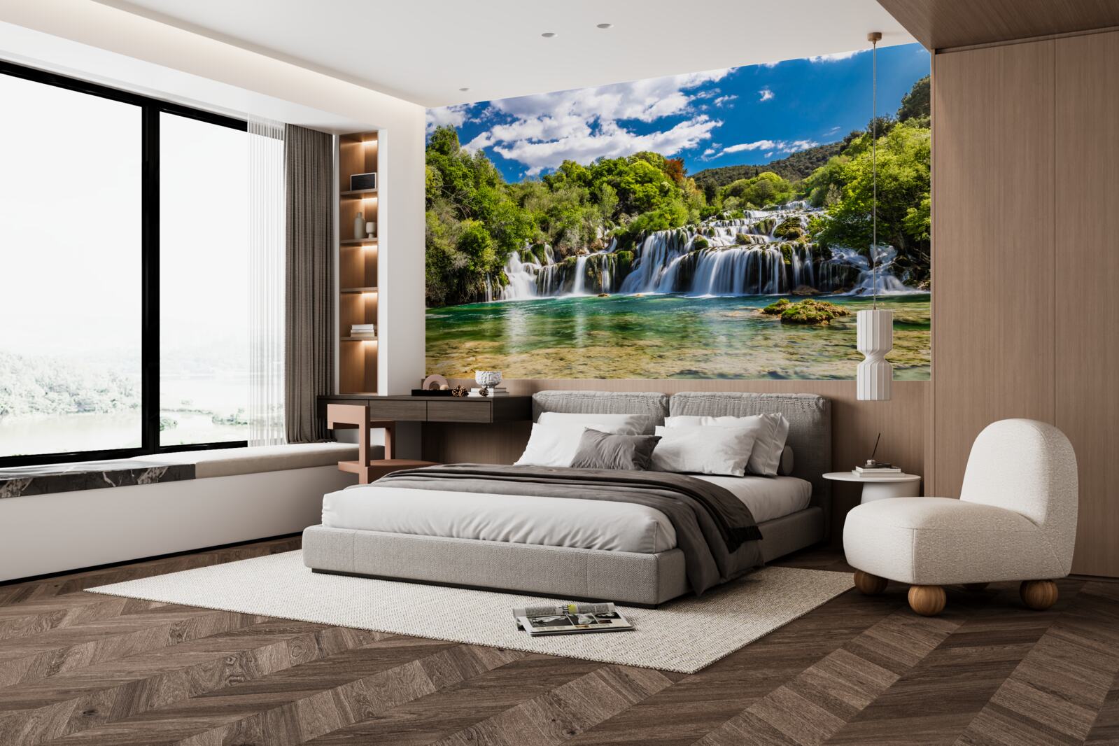 Fototapet cascadă în mai multe cascade cu zone verzi