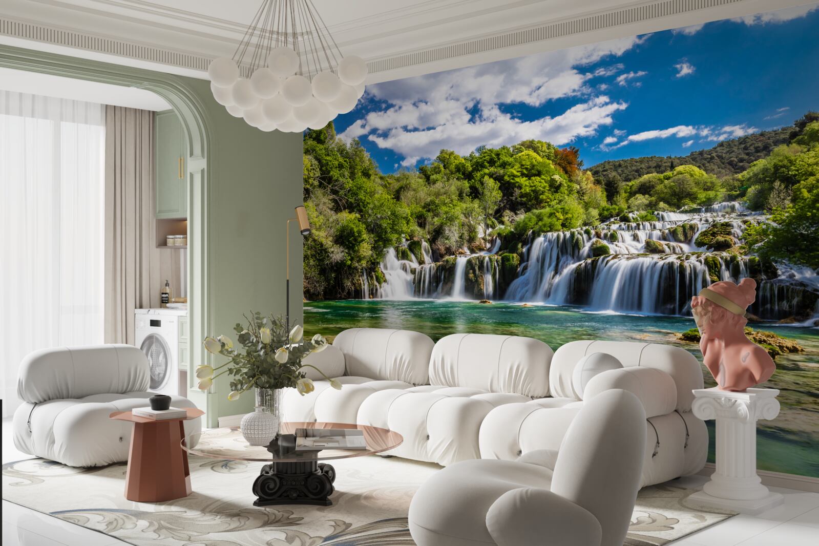 Fototapet cascadă în mai multe cascade cu zone verzi