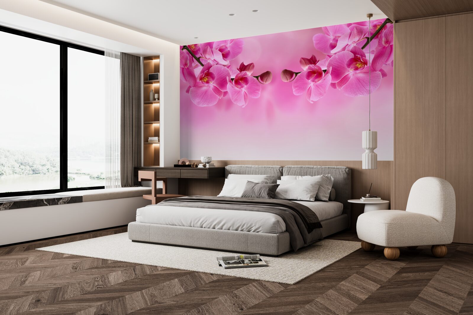 Fototapet ramuri de orhidee roz pe un fundal deschis