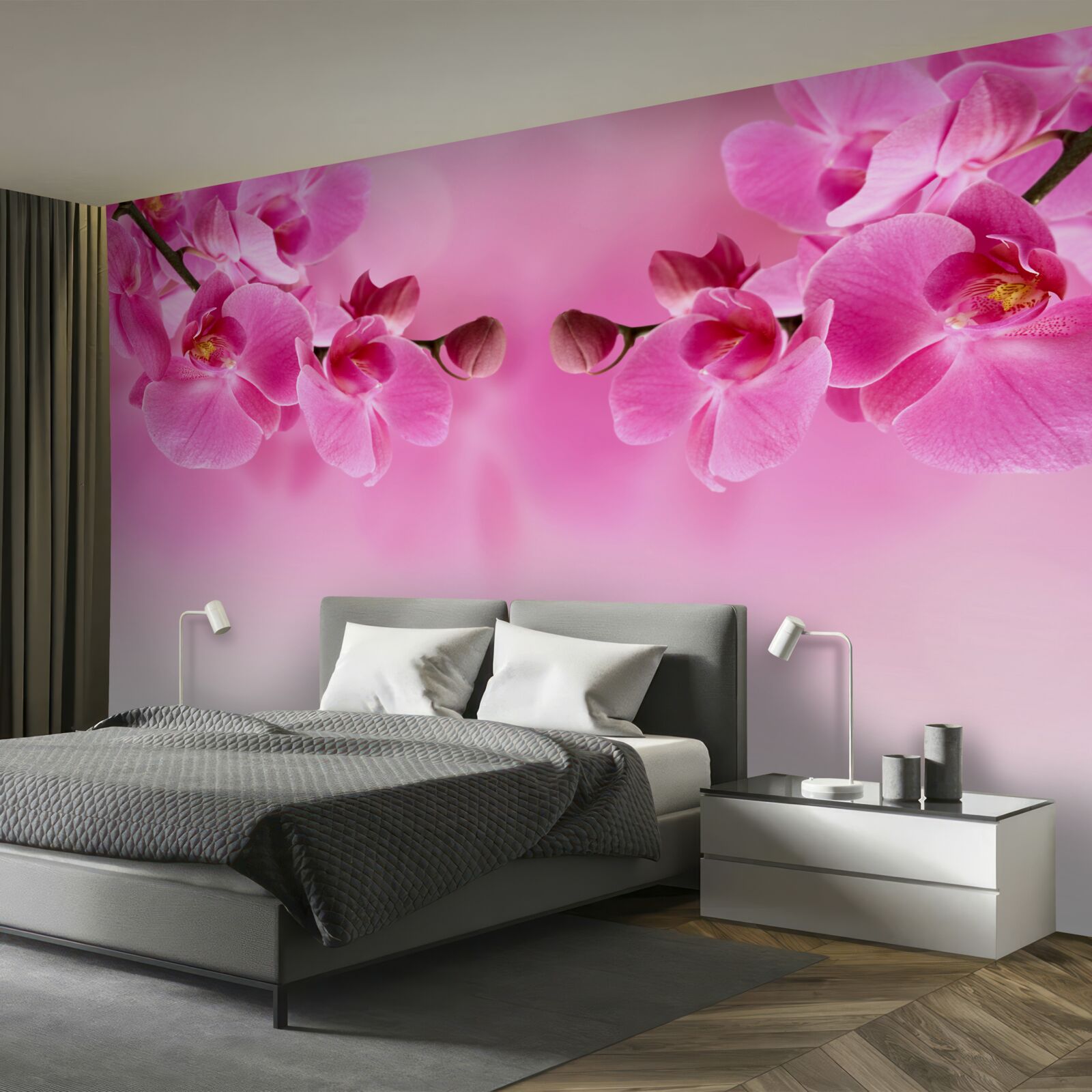 Fototapet ramuri de orhidee roz pe un fundal deschis