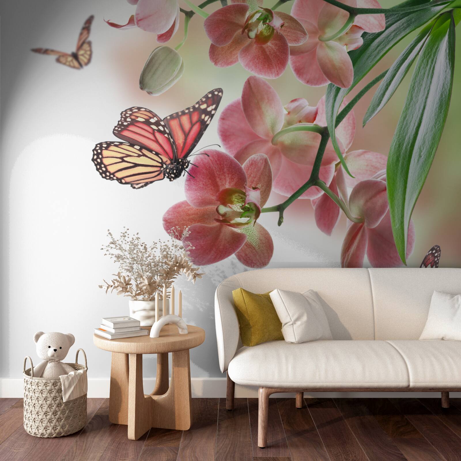 Fototapet fluturii zboară peste bobocii de flori înfloriți