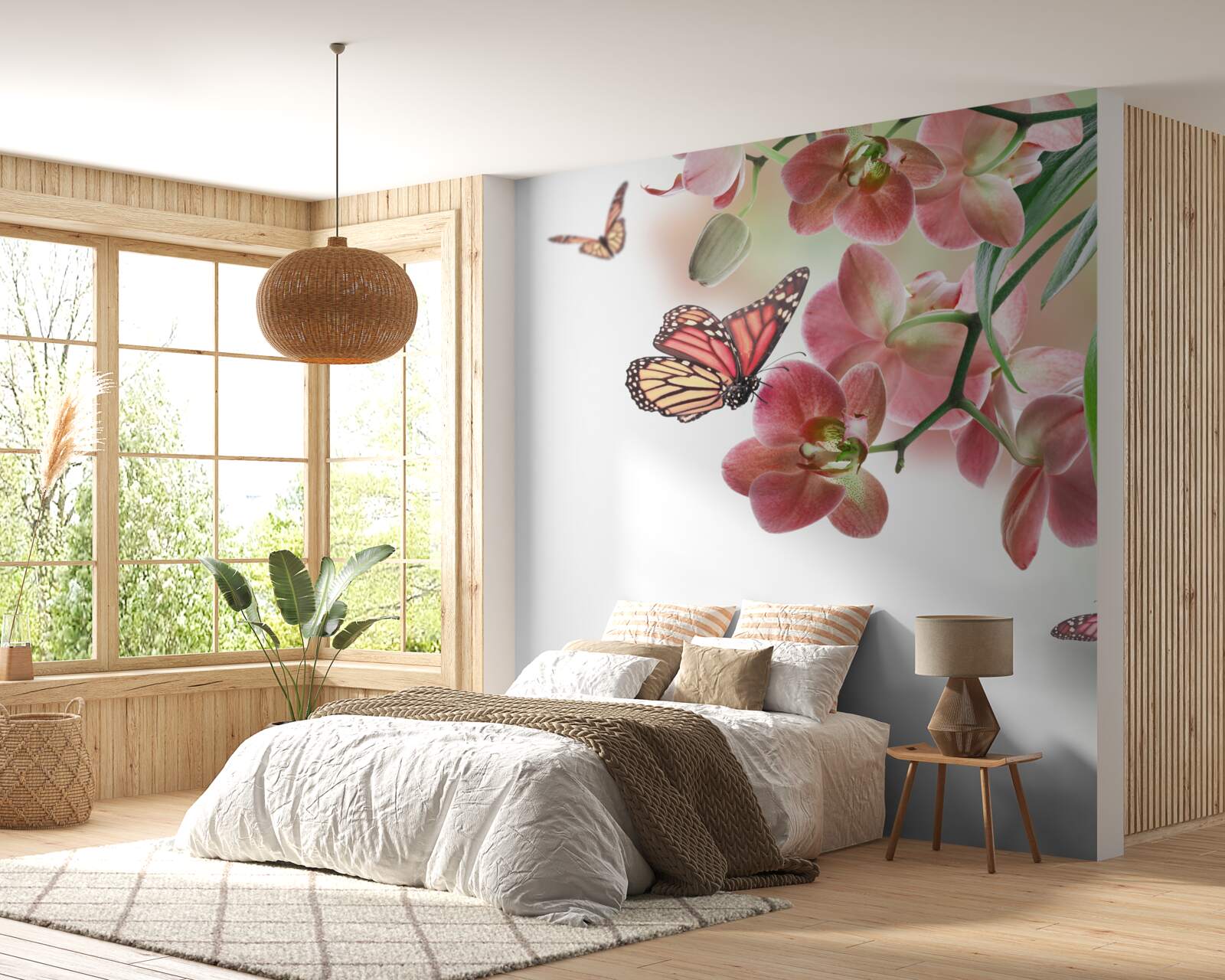 Fototapet fluturii zboară peste bobocii de flori înfloriți