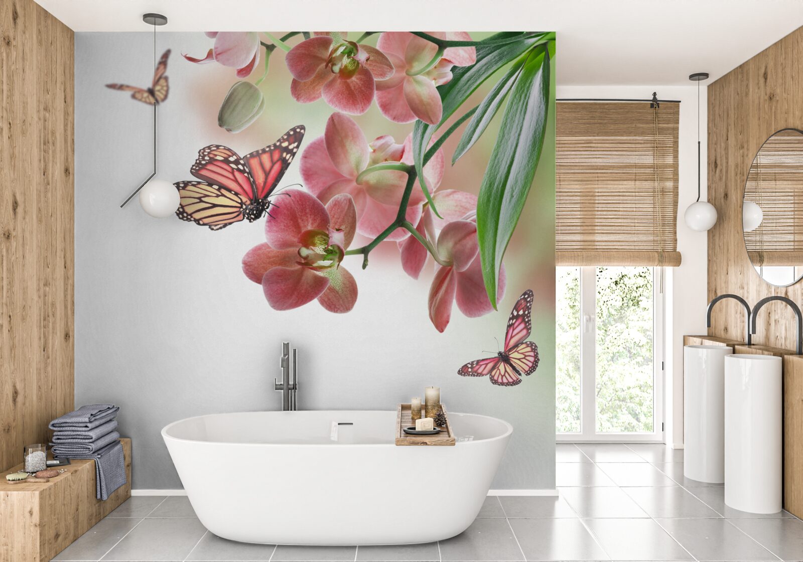 Fototapet fluturii zboară peste bobocii de flori înfloriți