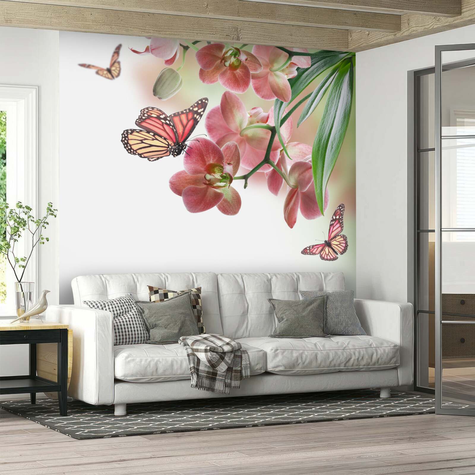 Fototapet fluturii zboară peste bobocii de flori înfloriți