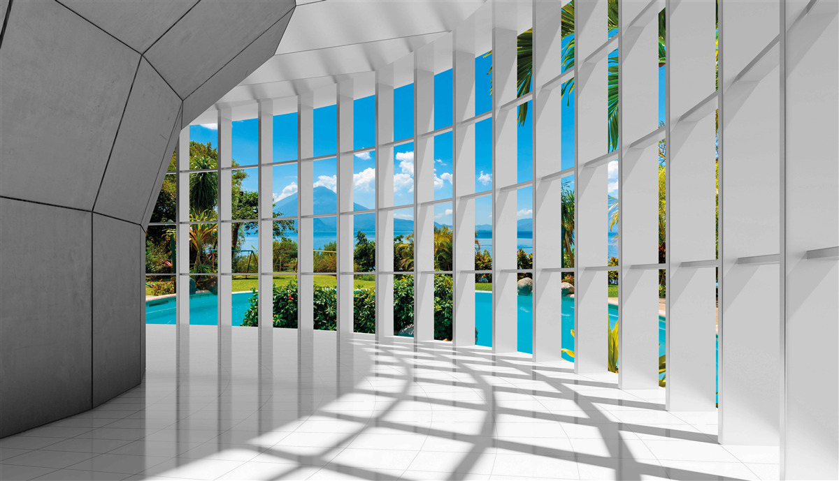 Fototapet stil modern în hol, creând un sentiment de perspectivă